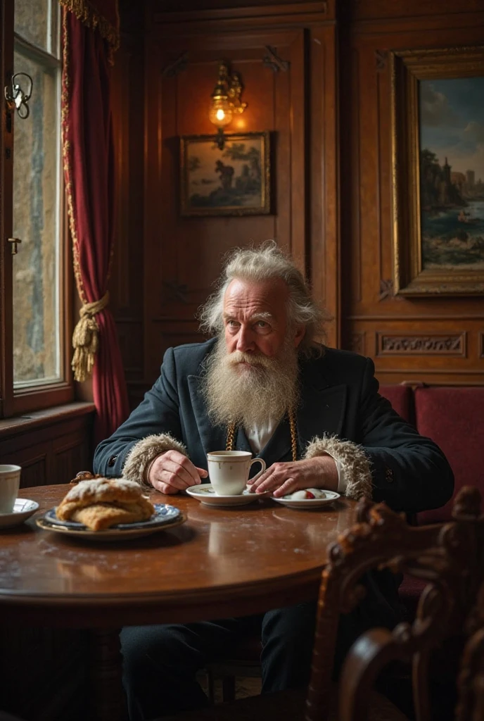 Bamboo and rattan chairs，laying on the chair，Long-bearded old man，Sick old people，lanky，Dying old man，patient，Dark style