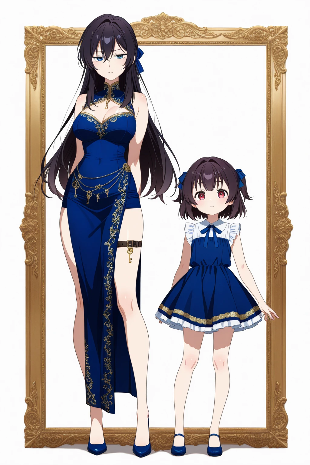 Mother and daughter Height difference Black Hair Shortcuts tiara White bra White panties White tights royal palace