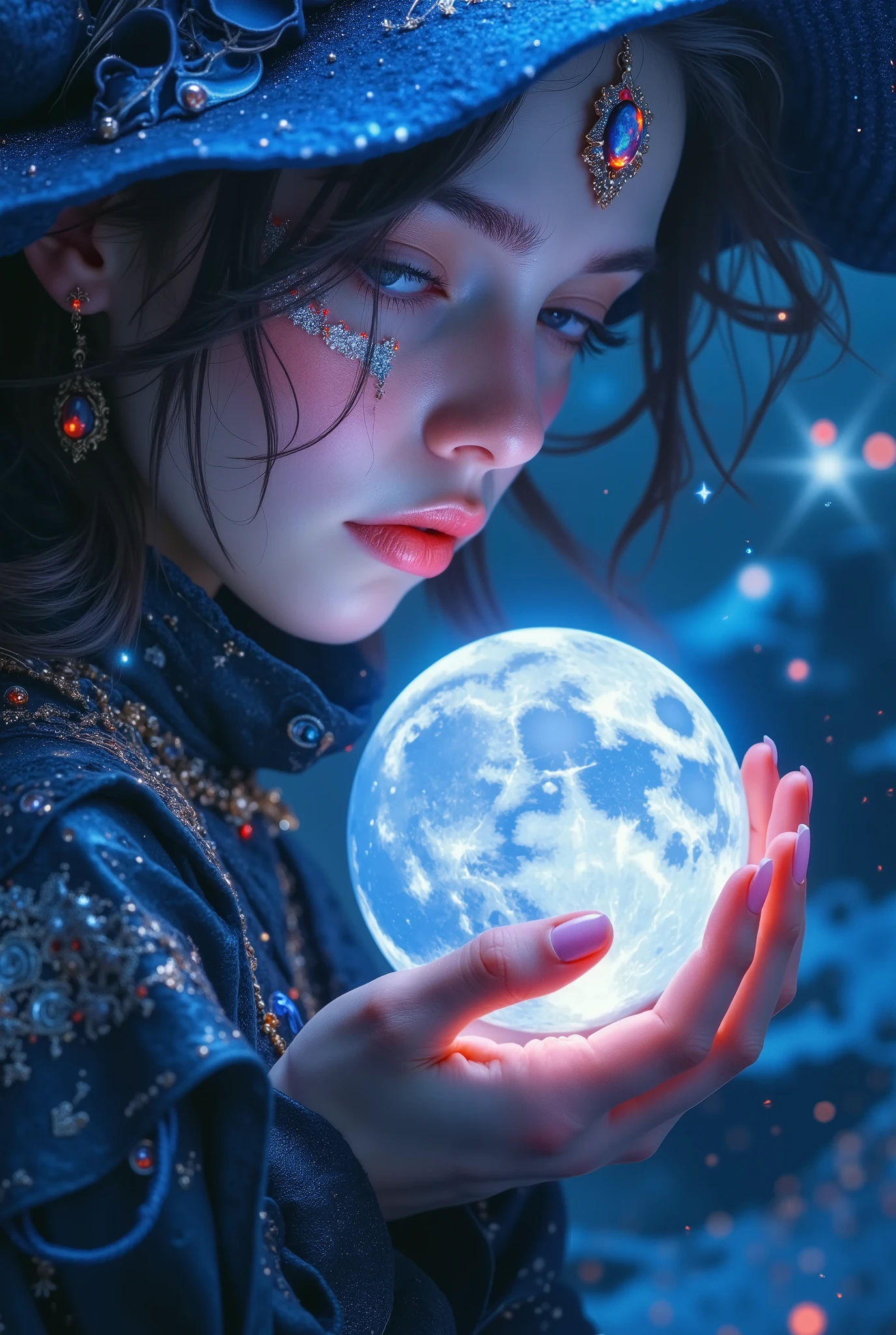 holding the moon, a person gently cupping the full moon in their hands, moonlit night sky, dramatic lighting, cinematic atmosphere, highly detailed, realistic, photorealistic, 8K, HDR, intricate facial features, pensive expression, glowing moon, ethereal, mystical, fantasy, digital art