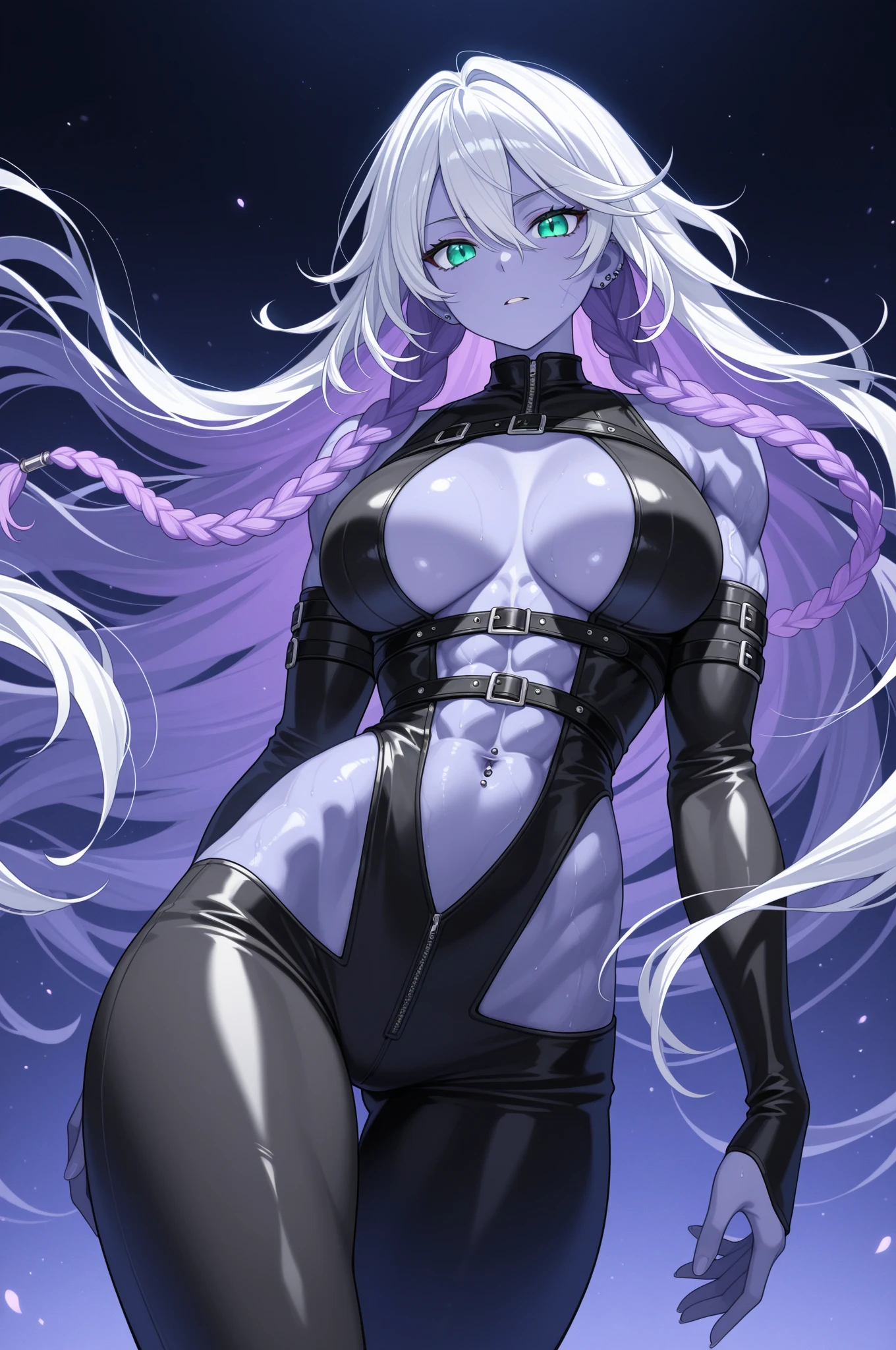 anime waifu bodybuilder, beautiful face, smiling face, perfect body, fit body, abdomen, large breasts, muscular, ((hair) long and blonde), ((clothing) white colored tight swimsuit, torn), (torn cape at the tip covering the body of black color, and hood covering the head of black color), character A2