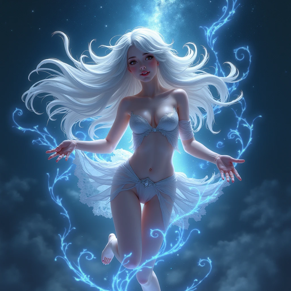a woman with white hair, bikini branco, white skirt, red high heel sandal, with the letter Y of blue fire and the number 7 of blue fire in the hands floating in the sky.