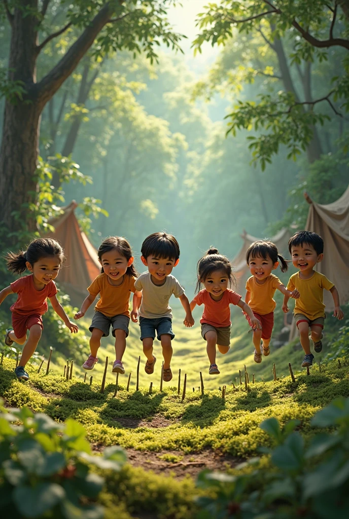 ( photorealism 1.2) photo realistic high detailed Malay kids smile at bush playing around cinematic view cinematography view morning mode smoke effect silhouette 