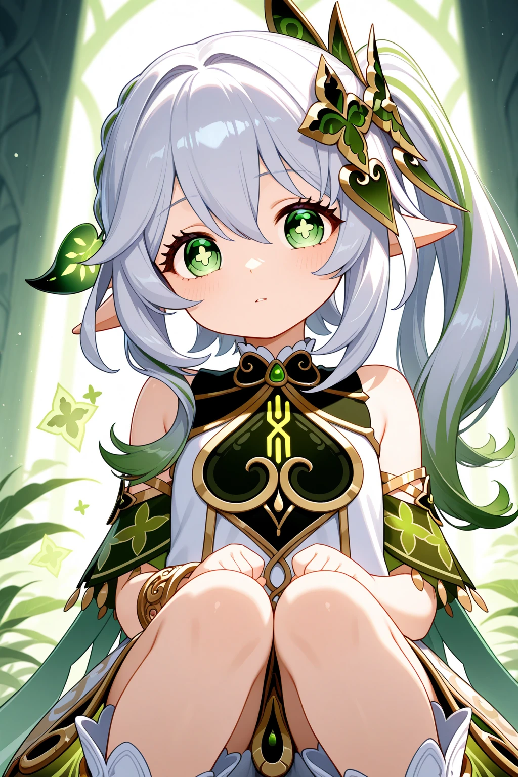 bottomless, skirt lift, sunbathing, 8 years old, loli, outside, grin, sunny, bright sunlight, grass, pointy ears, hair ornament, white hair, green hairstreak, side ponytail, masterpiece, best quality