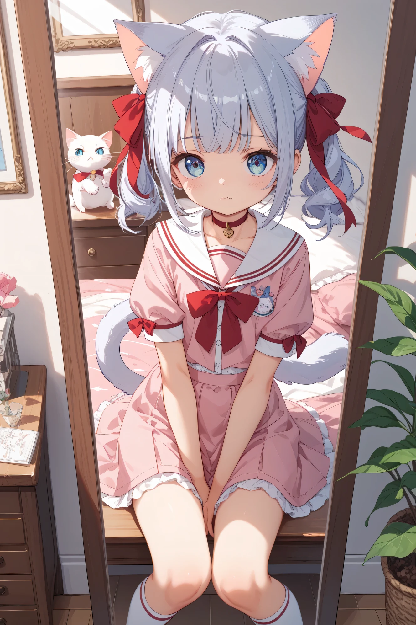Highest Quality、masterpiece、In front of the dresser、a girl who is worried about choosing a ribbon、A cat staring at it。the girl looks like they are choosing a lavender-colored sailor dress with their front legs extended slightly on the、wearing puff sleeves and lace socks。The cat is a white cat with a small red ribbon around the neck、ribbon。a girl smiles through a mirror、a cute and stylish moment、cute