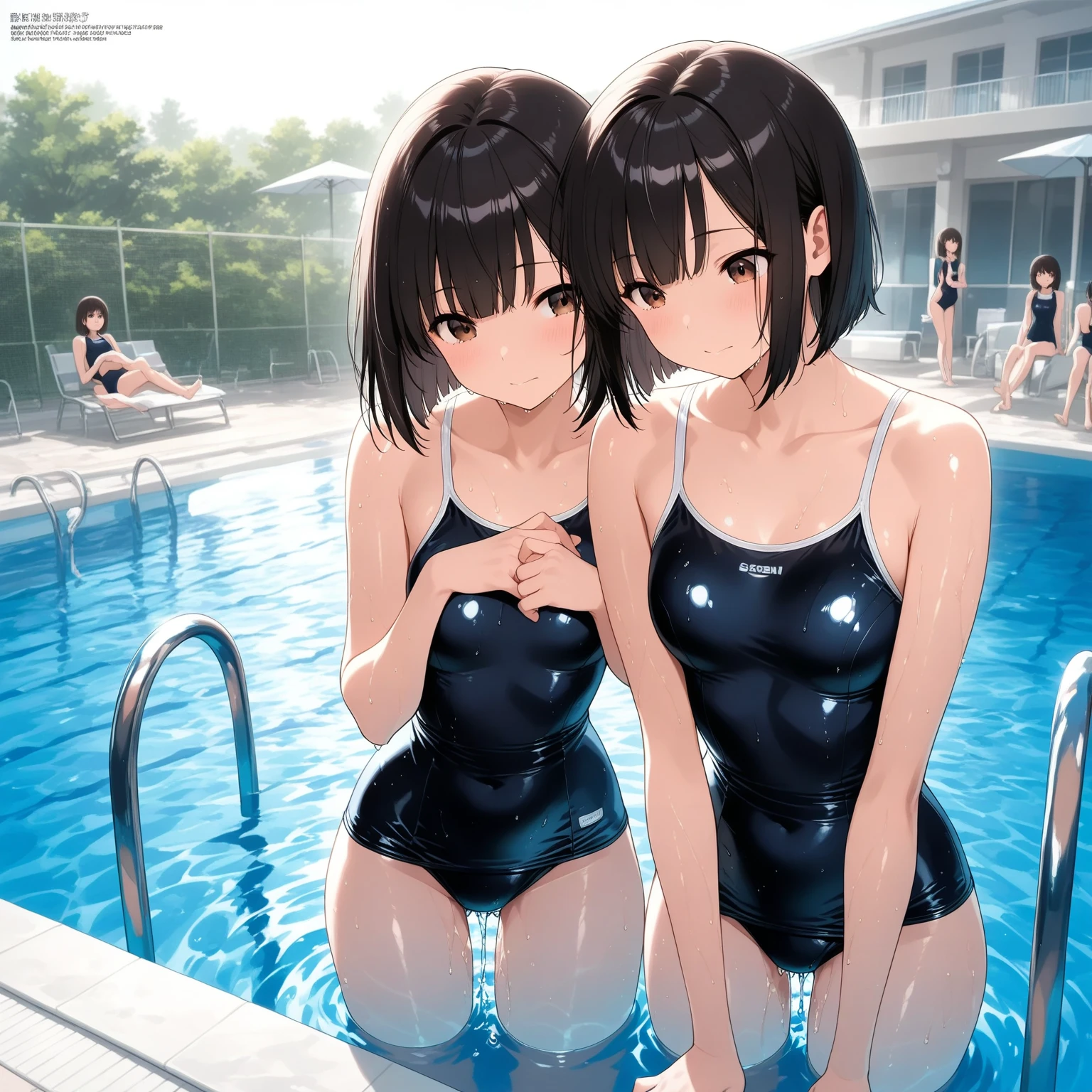 {Best Quality}, {very aesthetic}, {Ultra-detailed}, {Best Illustration}, nsfw, Navy blue swimsuit, Japan Student Swimsuit, One Piece Swimsuit, tits out, {nude}, Lots of love juice, Pussy, A dark-haired