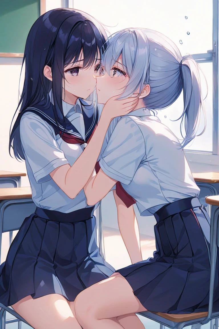 2 girls, (school uniformの少女二人:1.2)、school classroom、evening、hug each other、((kiss:1.1))、 highest quality, High resolution, masterpiece、smile、(2 girls),(beautiful eyes、depicted in detail、pay close attention to detail、masterpieceサイドライト、masterpiece、highest quality、get used to it、High resolutionのイラスト),delicate makeup、soft focus ground bokeh、(highest qualityのイラスト:1.2),school uniform, (black socks:1.4),navy blue blazer、white shirt、blue ribbon、gray knee-length pleated skirt