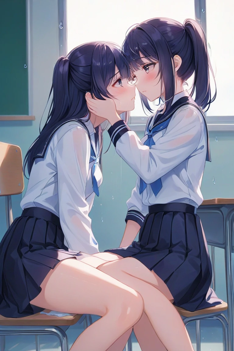 (Cute eyes:1.2), (classroom:1.2),(Beautiful Eyes:1.2), Highest quality,wonderful,finely,Highly detailed CG Unity 8K wallpapers, (Hug from behind:1.3),(kiss:1.3),(Two people with height difference:1.5), (Two Girls, Sailor suit, Skinny body, Dressed), (Huge breasts), (Open your mouth:1.1),(White knee socks:1.3),(Thighs:1.3),(Waistline:1.2),(お揃いのSailor suit:1.2),(From behind:1.2),(Beautiful Eyes:1.2),(Different hairstyles),(Their eyes are different colors:1.5),(Their skin colours are different:1.5),(Don't cross your arms:1.2),(Face close-up:1.6),(Licking the face:1.5),(Lifting the opponent's skirt:1.3)