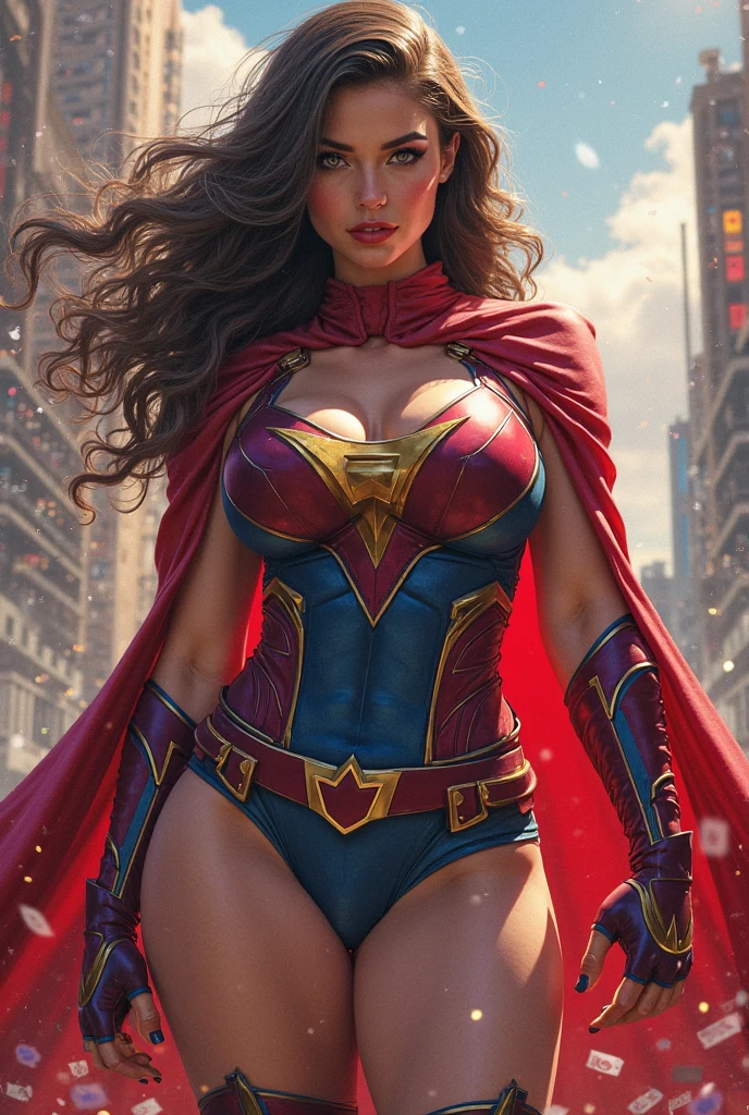 1 beautiful woman, dressed as superheroine, scantily dressed, resembling model Lucy Pinder