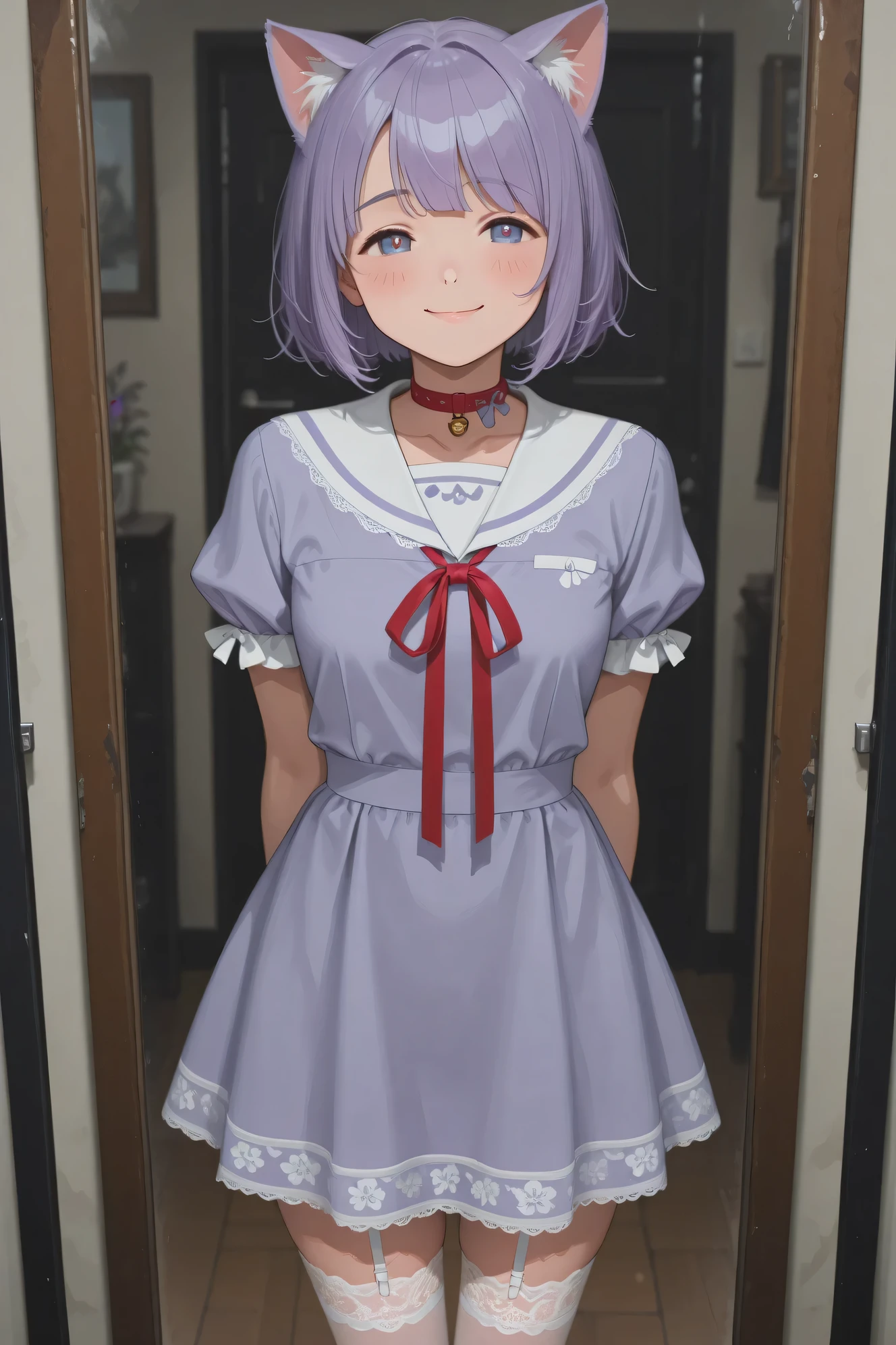 Highest Quality、masterpiece、In front of the dresser、a girl who is worried about choosing a ribbon、A cat staring at it。the girl looks like they are choosing a lavender-colored sailor dress with their front legs extended slightly on the、wearing puff sleeves and lace socks。The cat is a white cat with a small red ribbon around the neck、ribbon。a girl smiles through a mirror、a cute and stylish moment、cute