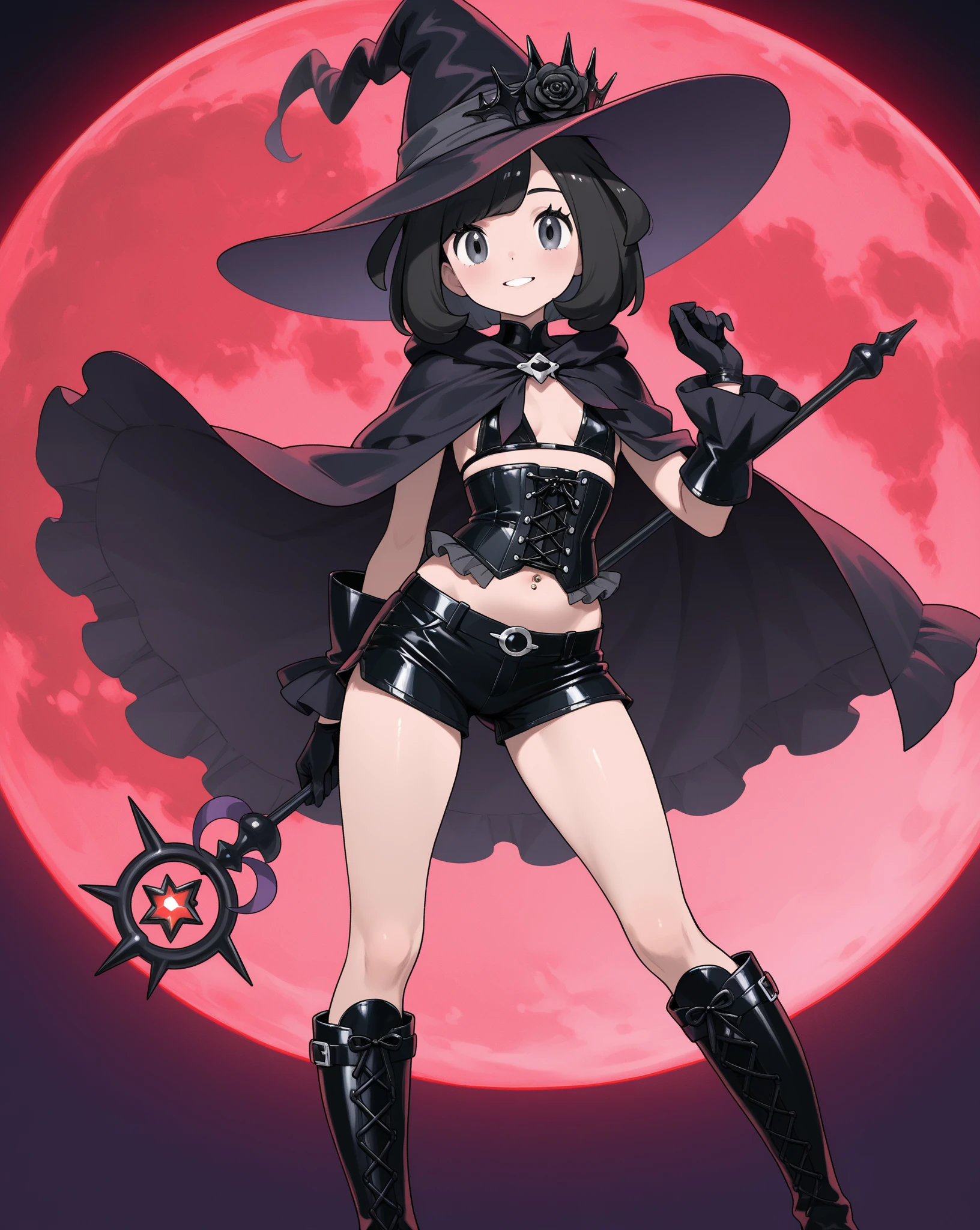 furry girl, young, wolf, black hair, punk hairstyle, long spiky hair, anime style, small breasts, red eyes, black witch tunic, open clothes, black gothic bra, black skirt, witch hat, dark tower, night sky, Moon, high quality, detailed body, detailed eyes, detailed face, masterpiece, glistening body, shiny body, detailed body fur, best quality, two tone body, gray fur, clear gray fur, skinny, :3, sassy face, purple fire magic on palm left hand, purple fire magic particles, magic wand on right hand,