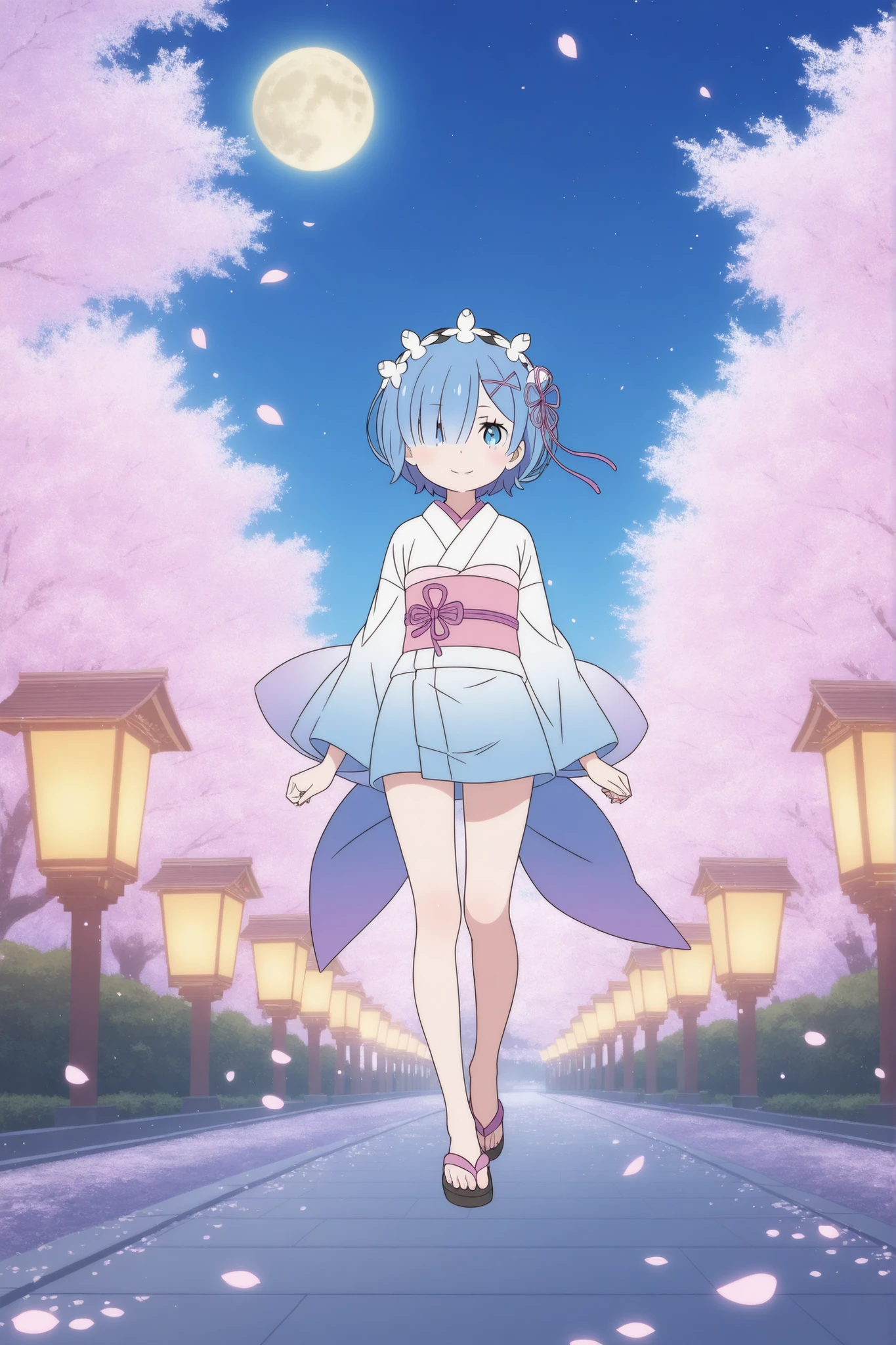 relaxed and cozy style,simple color,(flat color:1.2),girl manga style,
deformed 1girl\(rem \(re:zero\),jitome,cyan eyes,light smile,shiny skin\),(dynamic pose:0.25), A serene nighttime setting under the illuminated cherry blossoms, glowing pink petals drifting through the air, a deep indigo sky filled with twinkling stars, the full moon casting a gentle silver glow, traditional Japanese lanterns softly lighting the surroundings, a tranquil garden path shimmering with reflections of moonlight, subtle sparkles of light enhancing the dreamy atmosphere, cool evening air creating a calm and peaceful ambiance.