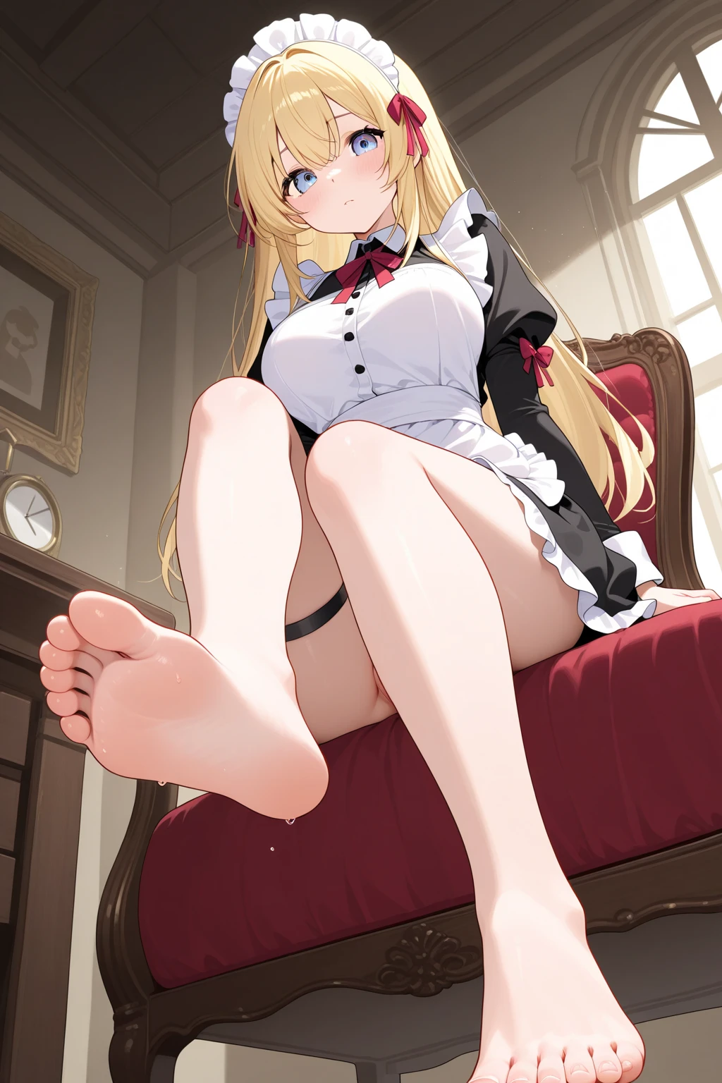 ((masterpiece)), disorganized, ((Lillie_Pokemon)), aqua eye, blonde,ponytail、beautiful white skin、white ribbon, white sailor suit、white pleated skirt , No sleeve, ((charming))、evil smile、perfect proportions、On a peaceful tropical sandy beach、(((amazon position)))、(((Angle from under panties))), ((woman on top)), 1boy, ?????