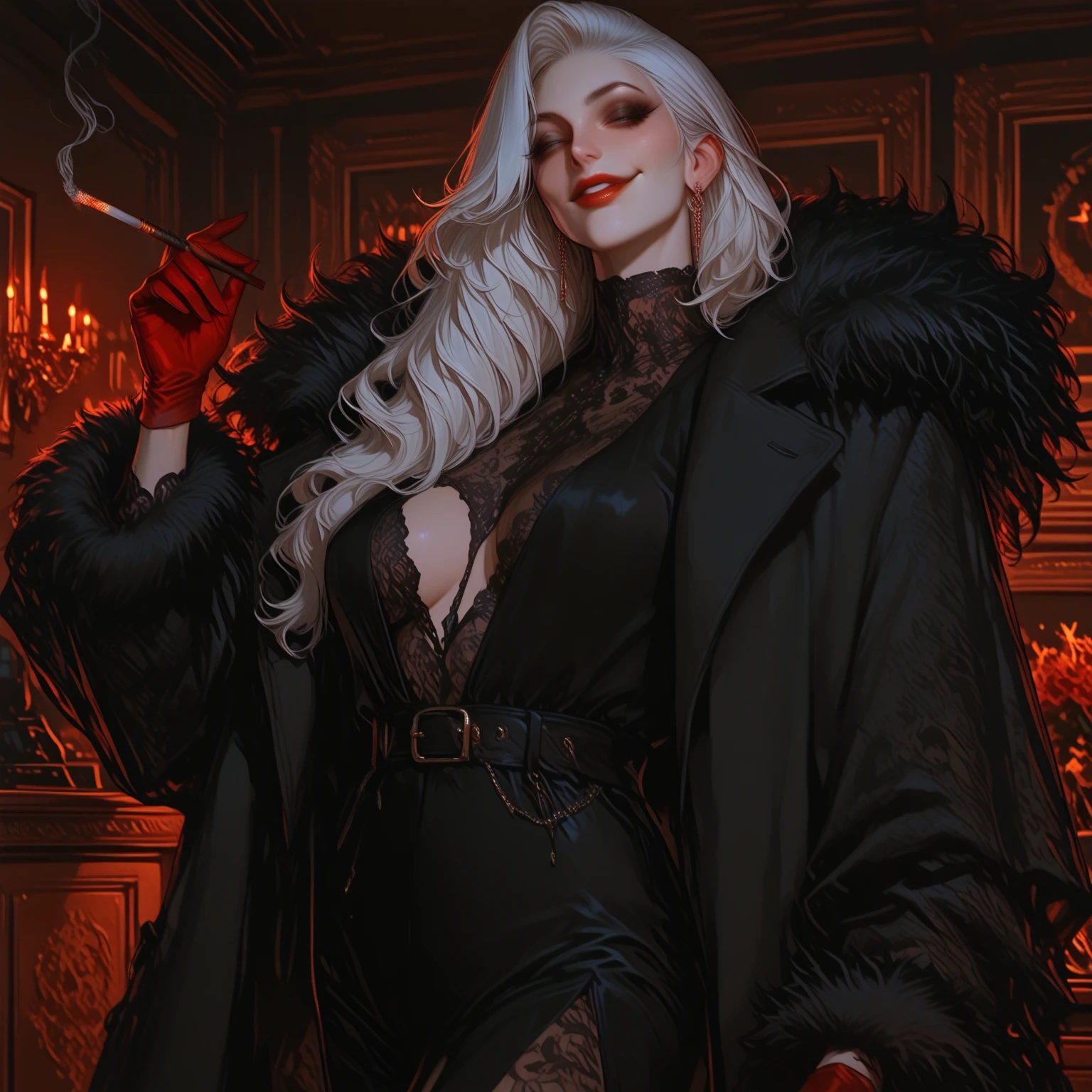 A vampire wearing a black cloak, black top hat,sharp teeth,evil grin,red eyes,glowing eyes,silver hair,lace-trimmed gloves,tiara,collar,vampire,magic circle,starry sky,clusters of stars,gothic architecture,full-body shot holding a silver skull cane, standing in front of a fireplace in the castle. Side view composition, with the fireplace as the focus. Romantic watercolor portrait painting.