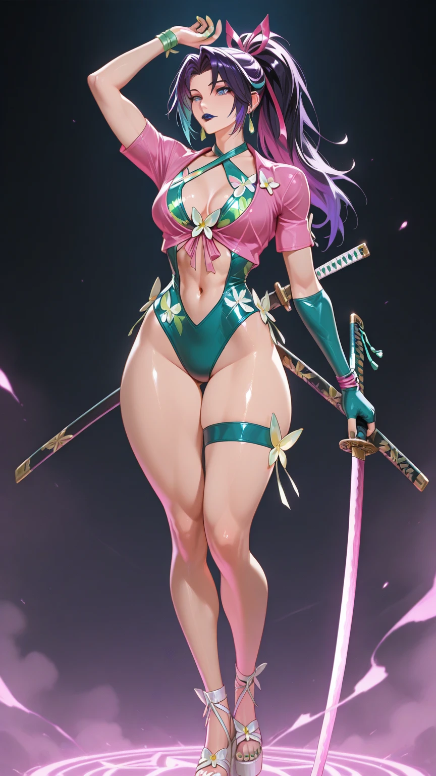 (Smile), The bikini, Japanese Katana Sword, Holding a sword in his hand,Gradient Hair, (Green eyes:1.5), Green hair, Mole under the eyes, multicolored hair, Pink hair, Twin braids, Two-tone hair, huge-breasted, Holding a sword, Holding a sword, Slash with a sword