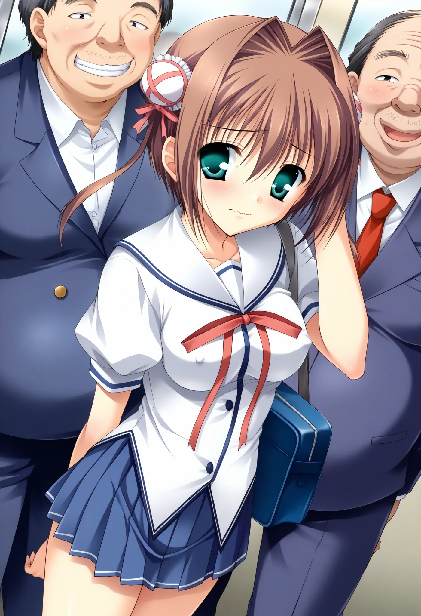 yume,score_9,score_8_up,score_7_up,sauce_anime,1girl,3man,(small medium breasts),(white school uniform),school uniform has three buttons,(serafuku),short sleeves,Lantern sleeves,erect nipples,blue pleated miniskirt,school bag,hand in own hair,arm behind back,(station platform),standing,duch angle,nervous,((furrowed brow)),wavy mouth,closed mouth,((ugly man crowded train)),((Surrounded by ugly man molesters)),a BREAK b nsfw,a BREAK b nsfw,ugly face man,ugly beard man,ugly mouth man,suit,grin,