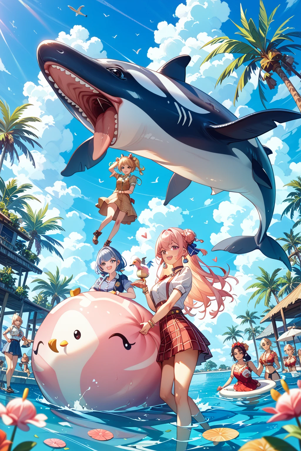 best quality，8K，smile，blazer，middle School girls，beautiful girl,swimsuit,bikini,multiple girls are depicted，Harem，idol group，photo shoot，long hair，highest quality，big breasts，happy girl,horny girl，yellow eyes，perfect face，standing position,girls hugging each other，letting down one&#39;s bangs，beautiful eyes,Ocean,girls hugging each other,smooth hair，angel girl，multicolored hair colors，naughty girl，beautiful girl，beautiful girl，loose socks