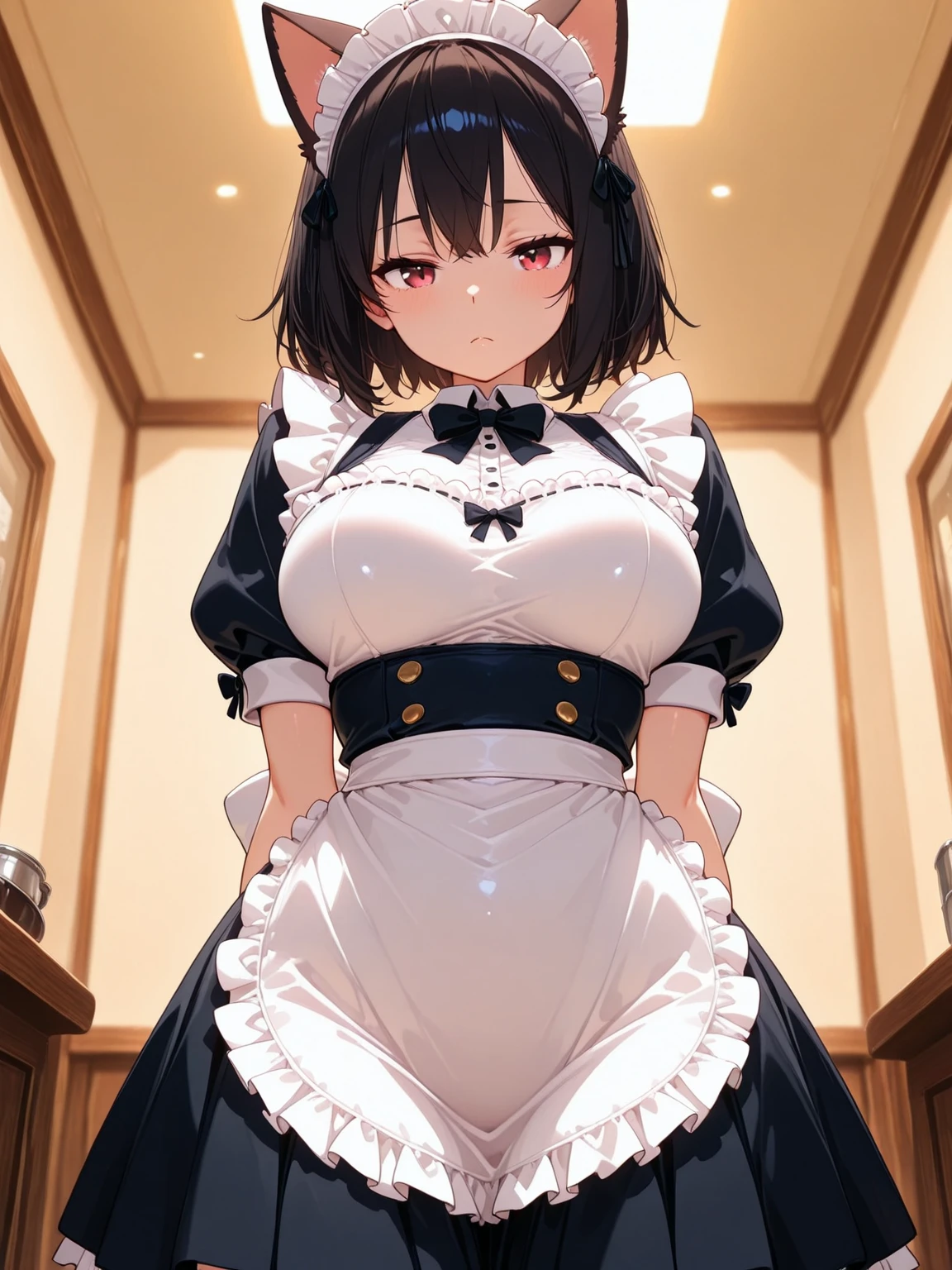 masterpiece, best quality, nfsw, best quality, extremely detailed, 1girl, absurdres, animal ears, azur lane, bare shoulders, bell, black hair, black thighhighs, breasts, clothing cutout, cow ears, cow girl, cow horns, cowbell, curtains, detached sleeves, doorway, dressing, full body, highres, horns, huge breasts, indoors, kashino, maid for mayhem, long hair, on bed, open door, peeking, purple eyes, sitting, solo, thighhighs, thighhighs pull, underboob, underboob cutout, wide sleeves, <lora:kashino-V1-000003:1>