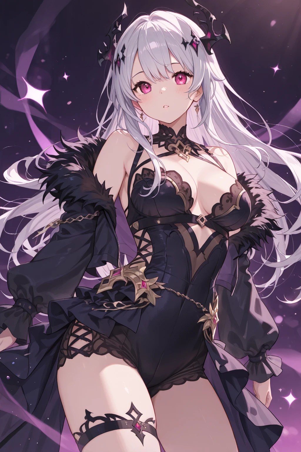 1girl, anime, cute girl, blank background, white background, fantasy, detailed fantasy dress with highlights, beautiful face, beautiful eyes, dark colors, black hair with multicolor streaks, red eye with different color pupil in eye, multicolor eye, medium small breasts (slightly big), slight cleavage, beautiful skin, cute, breast curtains, extremely delicate and beautiful, (beautiful detailed face:1.0), (detailed deep eyes), symmetrical breasts, deep eyes, shiny skin, portrait, slender waist, hips wider than shoulders, thighs, expressionless, young girl, luminous eyes, adorable,(Kpop idol),(aegyo sal:1),(Platinum blonde hair:1),((puffy eye)),Black panty,sexy posture,Superskirt, ultra high resolution,Black collar,slim figure, Abdominal y tattoo, womb tattoo,Tight-fitting leg ring,y tattoo on half-body,Bare skin, Armored hand,Hidden fingertips,Hand covered,Arm covered,Fist covered,{{beautiful detailed fingers}}, tufts of hair, moderate beautiful breast:1.0,(masterpiece:1.2), best quality, high-res, HDR, perfect face, intricate armor, delicate blue filigree, intricate filigree, red metalic parts, detailed part, dynamic pose, dynamic lights, cute face