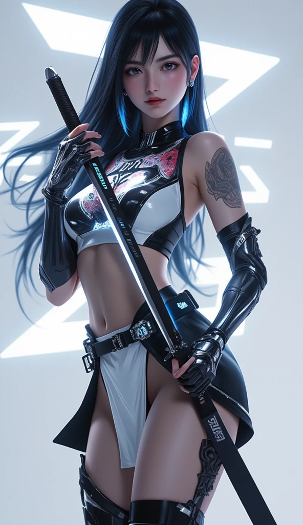 Female warrior in rubber combat suit, seven-color lighting, built-in blue lamp, outer space, looking at viewer, embarrassed expression, blushing