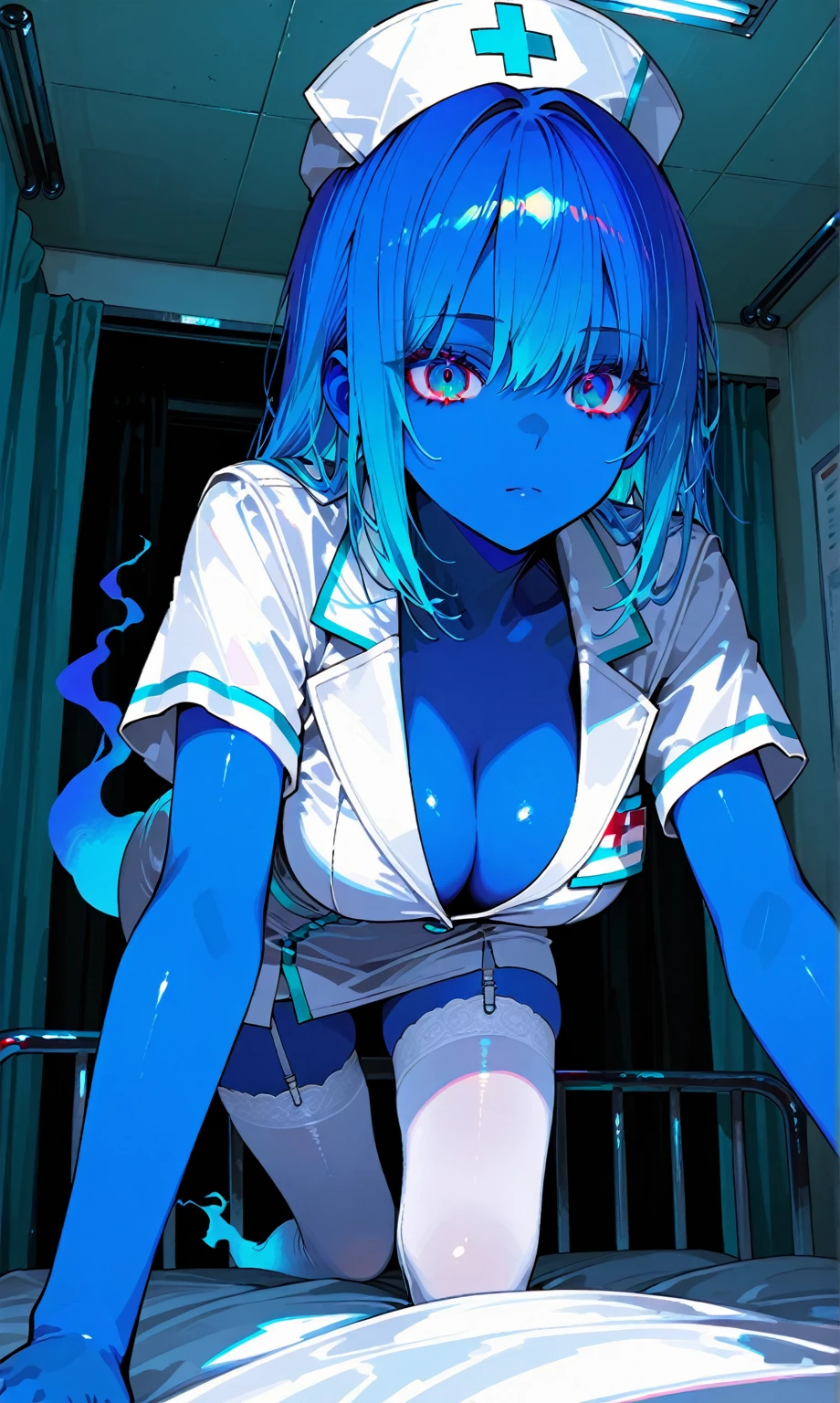 nsfw, naked girl, blue hair, blue eyes, 8k, nipples