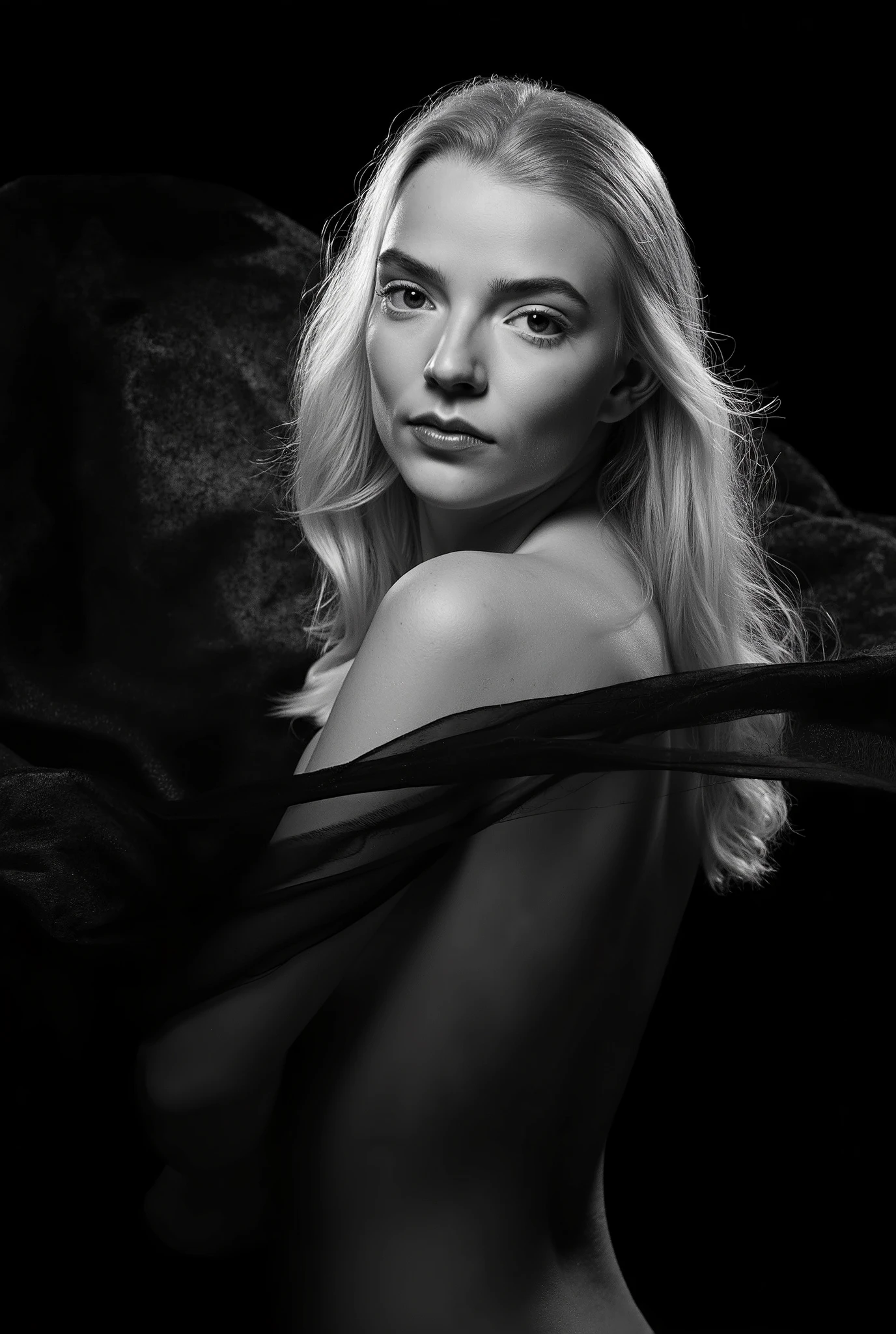 In this striking black and white photograph, a woman is captured with graceful movement and elegant poise. Her long, blonde hair cascades down her back, contrasting beautifully against the dark backdrop and adding dynamic texture to the image. She is partially draped in a sheer, black fabric that envelops her form, creating fluid lines and shapes that accentuate the contours of her body. The fabric seems to dance around her as she holds it close to her body, with one hand gripping the fabric near her shoulder and the other at her midsection. Her exposed shoulder and neck create a sense of vulnerability and softness, while the monochrome palette accentuates the play of light and shadow, offering depth and richness to the composition. The image evokes a sense of motion and emotion, capturing an intimate moment of expressive movement and artistic allure. She looks at the viewer with a piercing gaze and a sensual expression on her face. small breasts, natural light skin tone, detailed face, detailed skin texture, realistic skin with vellus hair, moody atmosphere, masterpiece, high quality, ultra-detailed, professional photography, intricate details, looking at viewer, hyperrealism