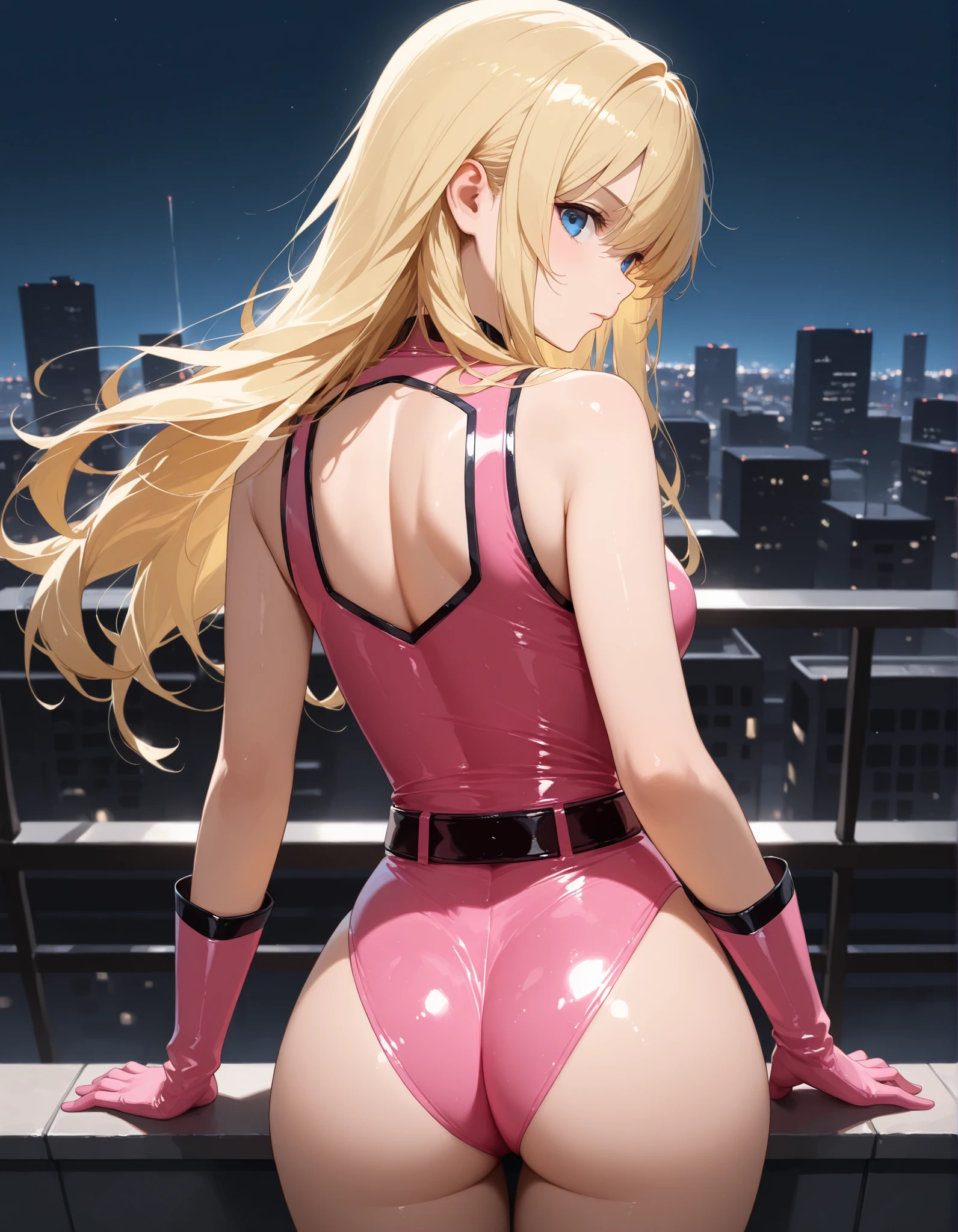 score_9_up, score_8_up, score_7_up, 1girl, solo, mature female, ((Angewomon)), (((long blonde hair, metal helmet))), angel wings, pink lips, parted lips, fit slim body,((perfect medium breast)), (((tight white suit with gold bra))), ((roof of skyscraper)), perfect model body, looking at the viewer, bend over the railing and showing her ass, looking back, from behind