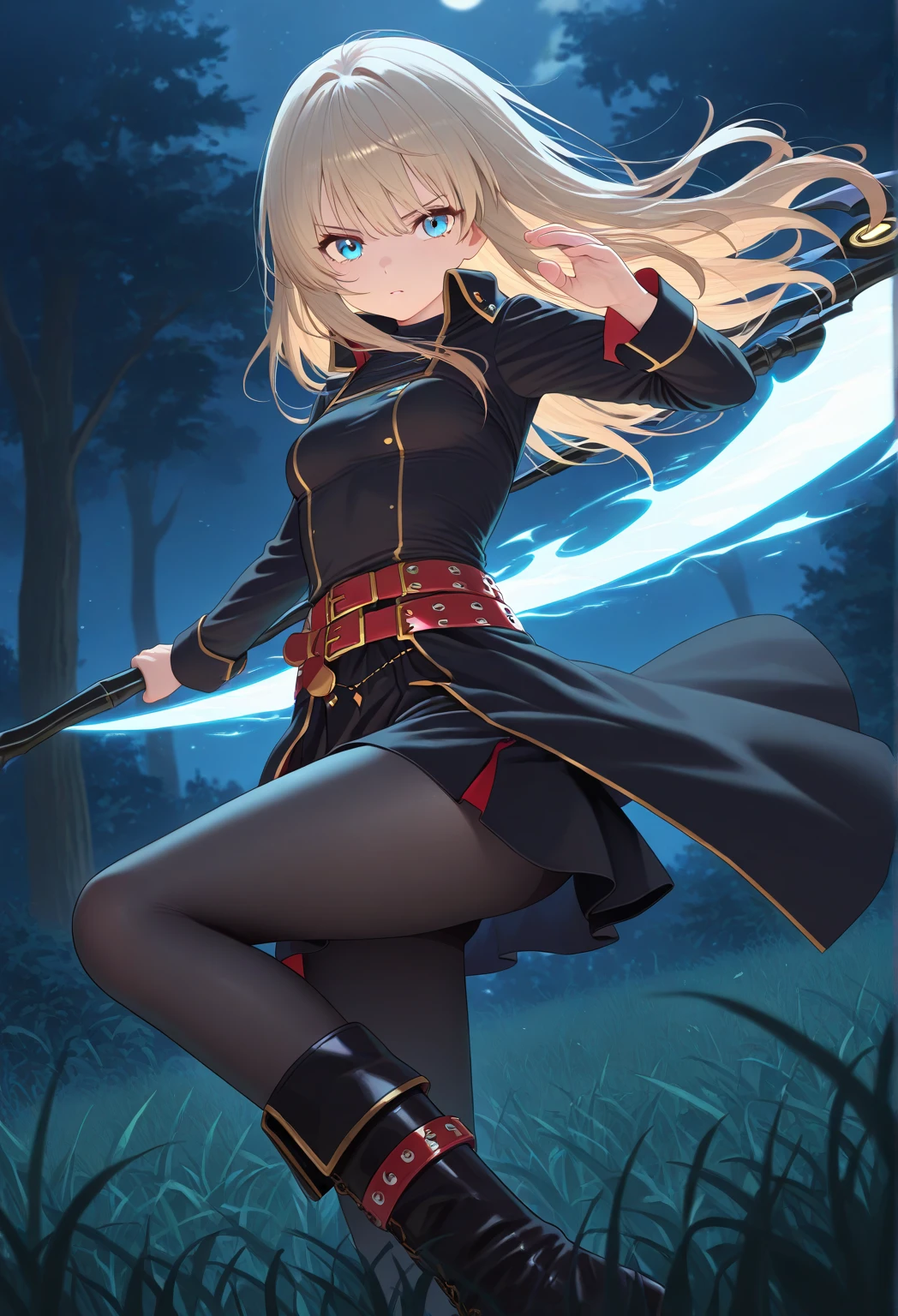 General Details: very detailed, very high resolution, exceptionally high resolution, exceptionally detailed, best quality, 3D artwork, perfect lighting and shading, perfect work, 1 girl, beautiful hands, perfect hands
Not  (): (:-1.5)
Clothing: clothing, (simple dark grey pleated short skirt:1.4), (shiny gold-buckled black leather belt:1.3), (dark blue bow tie:1.2), short sleeves, white shirt, white buttoned shirt
 Expression: small smile at the corner of the mouth, very sly eyes
Pose: standing, modeling, looking at the viewer
Character Traits: slender, kawaii, perfectly symmetrical face, soft pinkish cheeks, super cute girl, super cute face, exceptionally detailed eyes, exceptionally detailed hair, extremely cute, extremely beautiful
Background: stargazing field, night, dark, deep depth of field, exceptionally detailed background
Additional Physical Traits: large B-cup breasts, wide hips, large thighs, beautiful long legs, , short
Hairstyle: (ahoge:1.2), (short bob with  bangs), one side ponytail on the left, hair between the eyes, pale yellow hair with white tips, bright purple eyes.