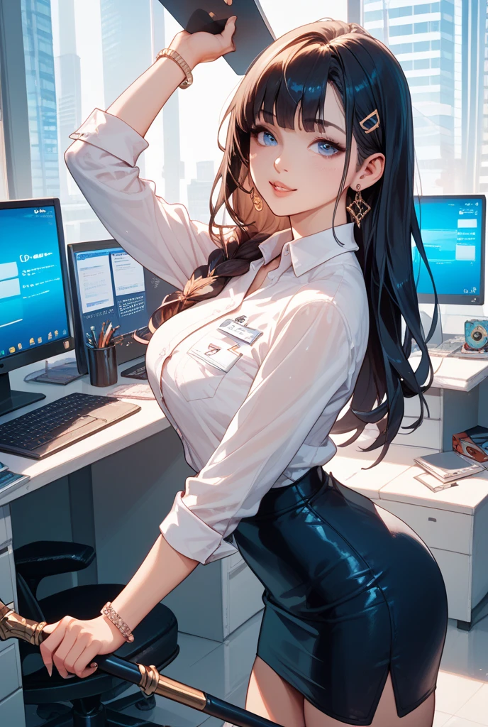 Boa hancock, 1girl, solo, ((white shirt)), black thighhighs, breasts, cleavage, uniform, office background, black skirt, pleated skirt, office, hair between eyes, large breasts, long hair, looking at viewer, black hair, red short nails, purple eyes, solo, thighhighs, thighs, very long hair, ((masterpiece)), sitting, chair, desk, computer on desk, name tag, id tag, indoor, golden snake earing, short sleeve, office shirt top,