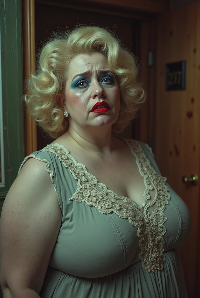 1940s front room, full-length front view of a very short, fat, ugly, fifty year old 1940s frumpy English housewife with curlers and a hair net, naked, massive bust and gut, blotchy skin, cellulite, standing, looking murderously angry