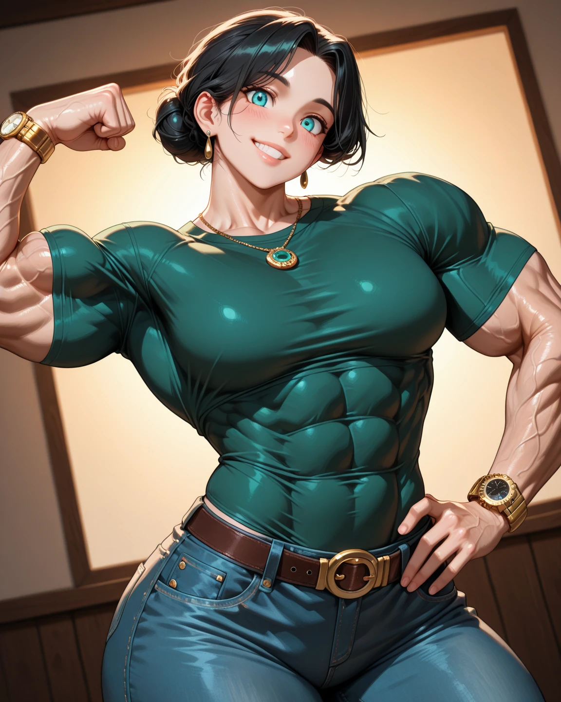 (best lighting) , (Extremely complex and detailed) , 4K unified, (Super detailed CG: 1.2) , (8k: 1.2),(original), (masterpiece) , (best quality),(masterpiece:1.4),Anime-like high quality,(masterpiece),masterpiece, Super clear picture quality，clearer than，（delicate face）best quality, absurd,((peace master, 4K, 8k, Yes, high resolution))1个girl, female student，,(beautiful bass),((bodybuilder:1.5))(girl),(miss),(((Upper body:1)))Upper body，Arm muscles close-up。at home，on the bed
