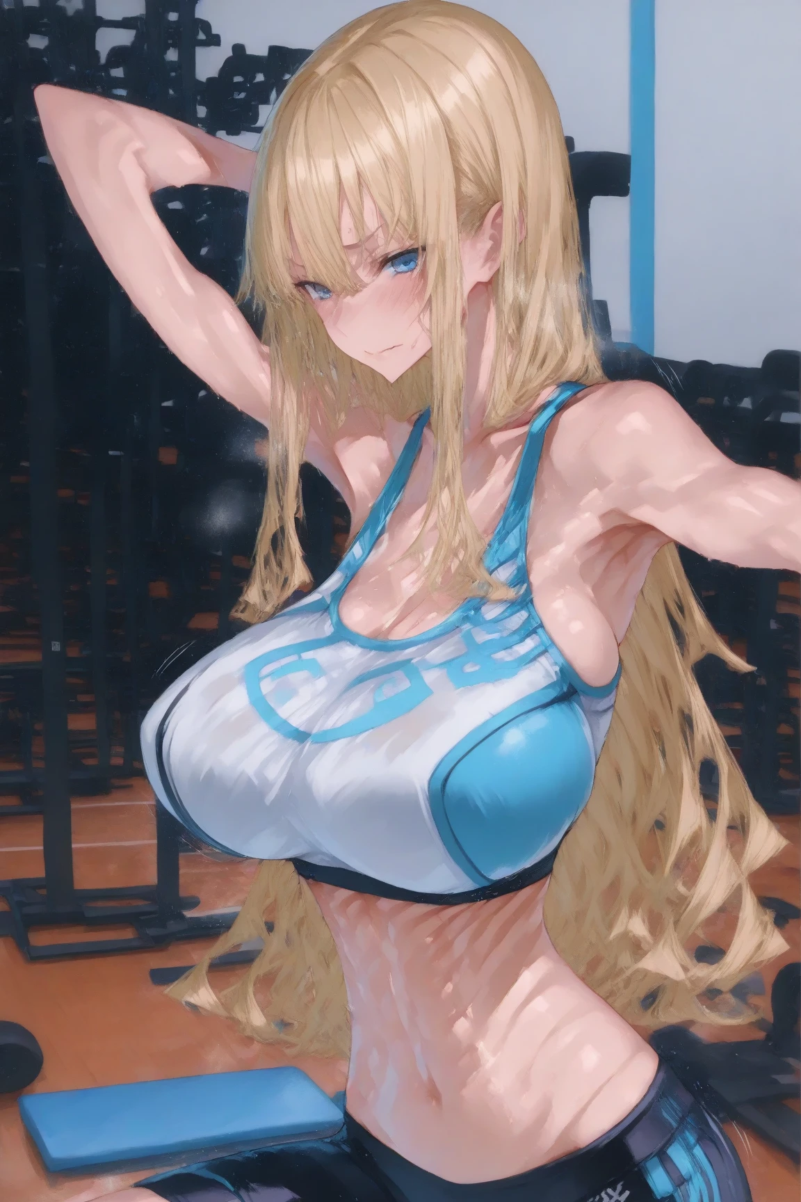 (((best quality))), (((high resolution))), (((masterpiece))), ((ultra-detailed)), (illustration), ((an extremely delicate and beautiful)), ((super detail)), (((20 years old))), ((adult)), (((tall))), gleaming skin, shiny body, breast focus, (((((ultra-huge breasts))))), elegant smile, ((big round eyes)), cute eyes, drooping eyes, two hands, five fingers, no extra hands, two legs, slender legs, ((biopunk)), ((metallic cloth)), (android), gynoid, delicate metal decorations, (medium length hair), (hair shorter than shoulder), braid, (see-through), mini skirt, ((midriff-baring outfit)), (shining brightly), daytime, city, (dark blond), (super heroine), (cheerleader), ((metallic violet)), (metallic shining competition swimsuit), (spread legs), (arms behind head), camel toe, sit with legs stretched out, (only left eye closed), (winking), soaking wet, topless, pussy juice,