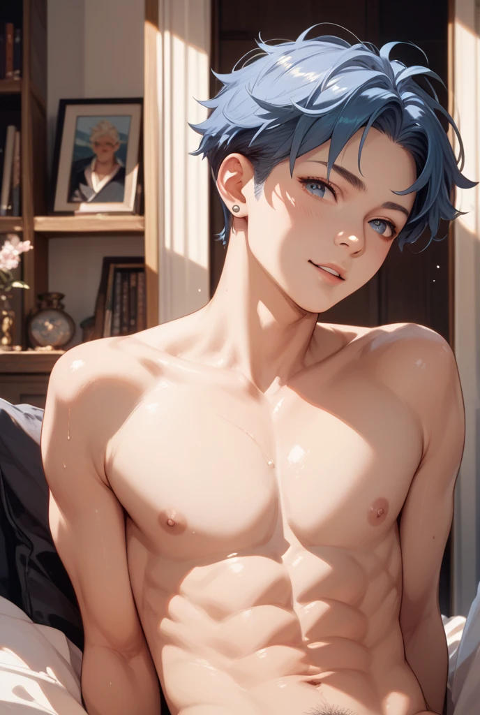 Highest quality, masterpiece, Black Hair, blue eyes, look up, Upper Body,front,naked,Blue Hair,