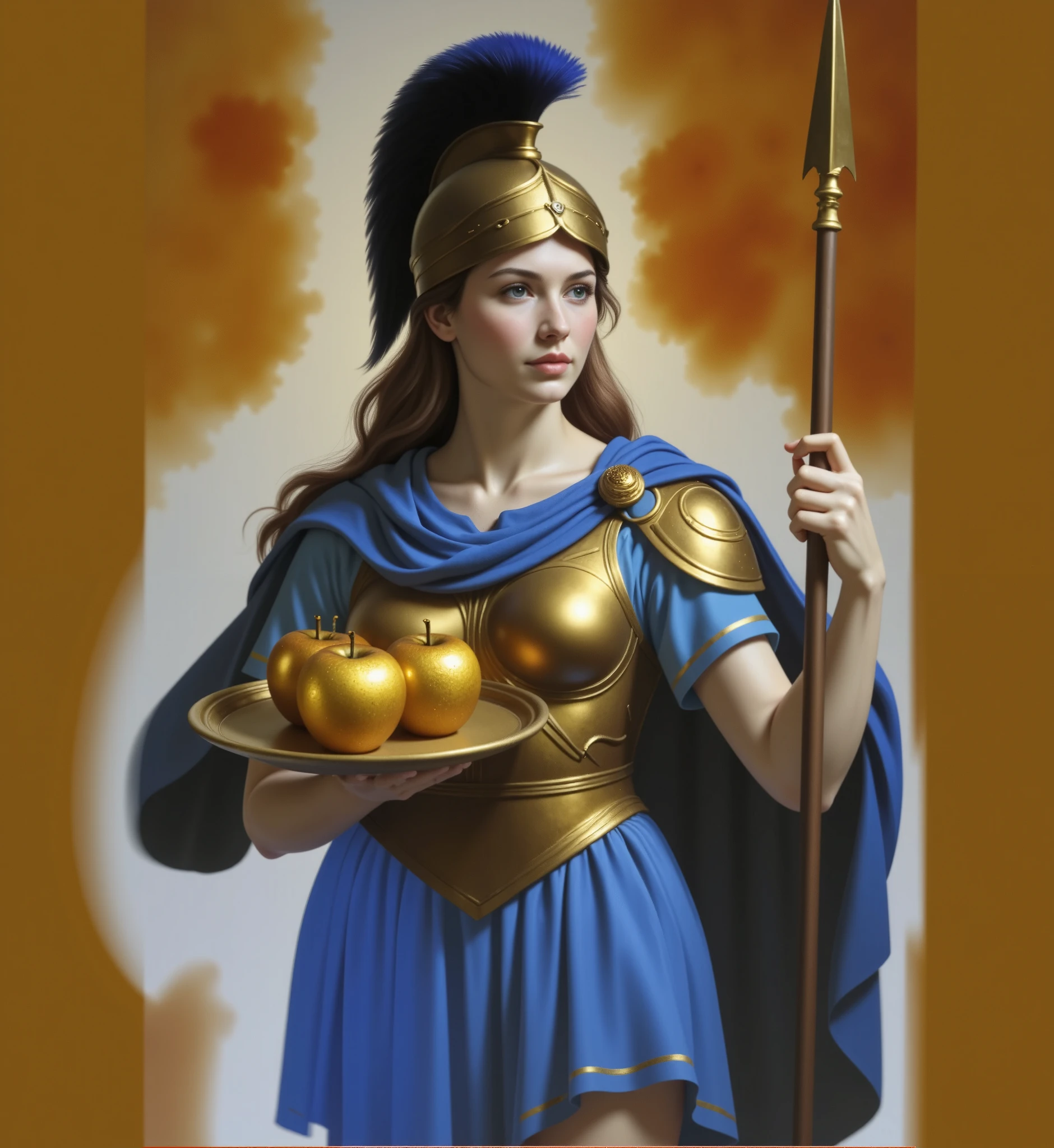 The Greek goddess, standing in three-quarter view, surrounded by a radiant golden-yellow aura. She has light brown hair partially visible beneath a golden helmet adorned with a blue plume. Her skin is fair, with rosy cheeks, and she wears a golden cuirass over a flowing blue garment. She holds a tall spear in one hand and a golden tray with three golden apples in the other. The background features warm golden tones radiating from a yellow halo. The artwork is detailed, rich in color and symbolism.