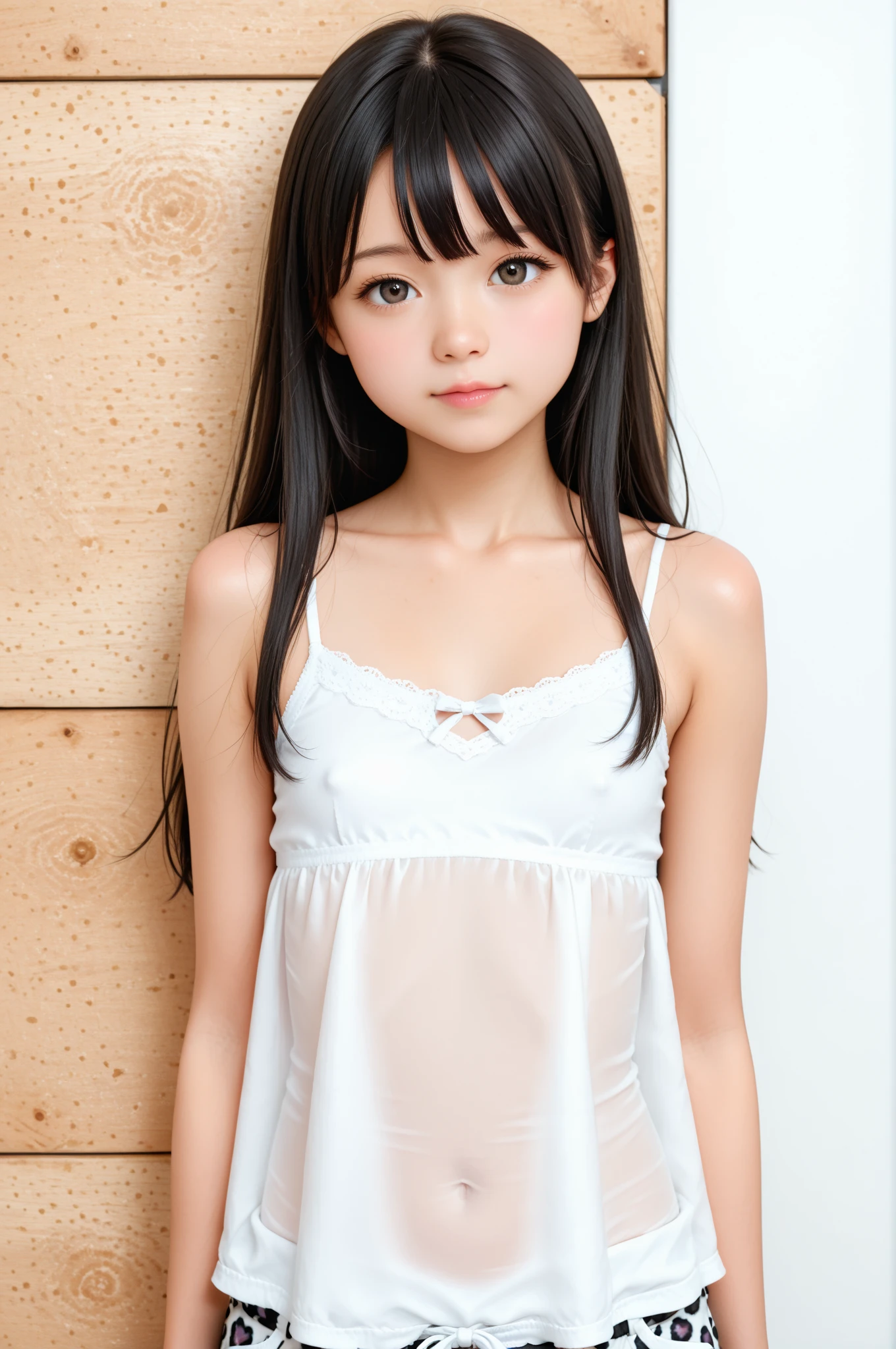 highest quality, High resolution, realistic pictures, detailed skin texture, ((Cute 12 year old Japanese girl wearing a see-through short white camisole)), view audience, slim body shape, Attractive gaze, Fair skin, baby face, (flat chest:1.2), long straight hair, (loli:1.2), smile showing teeth, taking a shower, clothes are wet