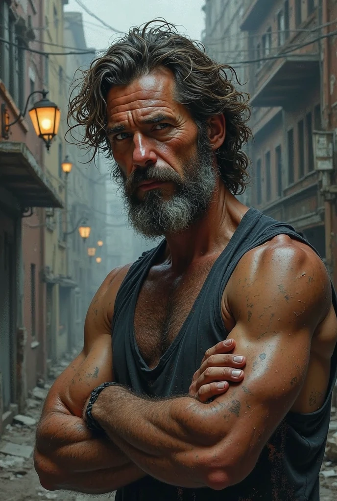 white man with defined physique, hairy, wavy brown hair, bearded, loose gray pants, torn, dirty with dirt , beggar , beggar appealing , homem beggar , beggar gostoso ,beggar sujo, homeless , appealing , poor area of the city , nightfall