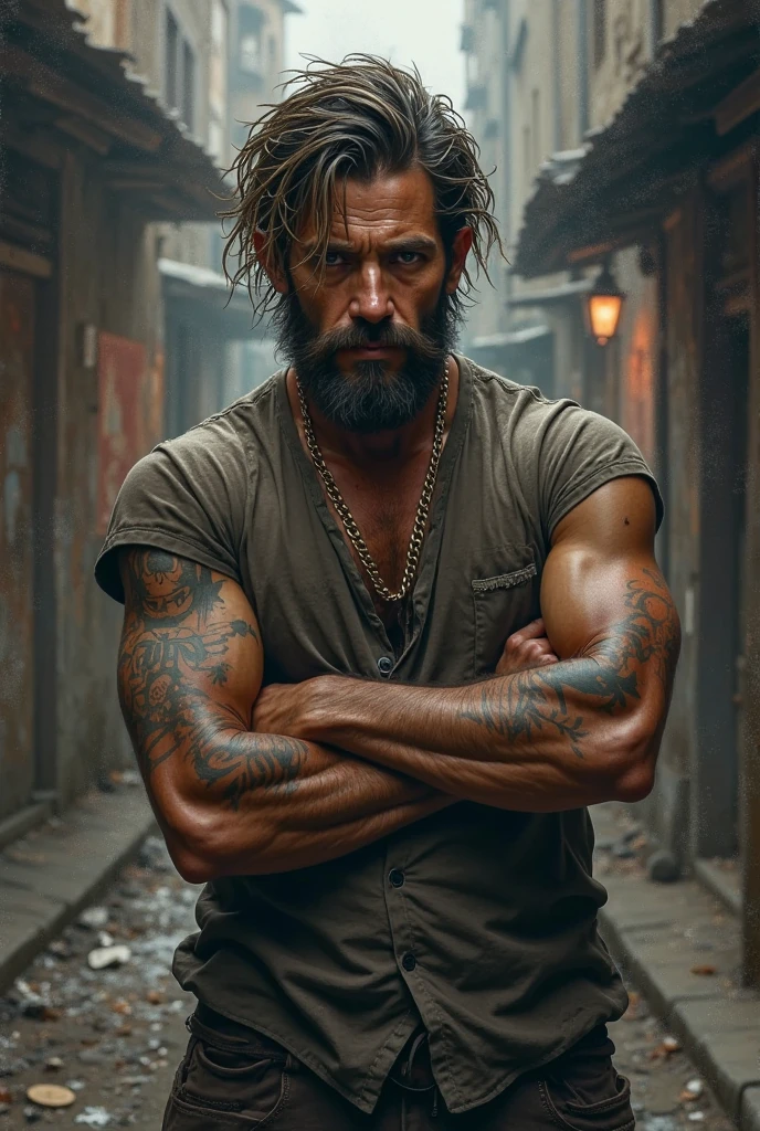 A mentally unstable man with a full body tattoo and a bun hairstyle who is jealous of dogs.