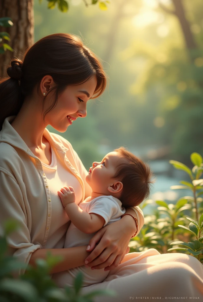 A Brazilian woman in a lush tropical garden, and your baby on your lap, with a close-up capturing the harmonious beauty between her and her baby, and the natural flowers, showing off your natural charm and outgoing personality.