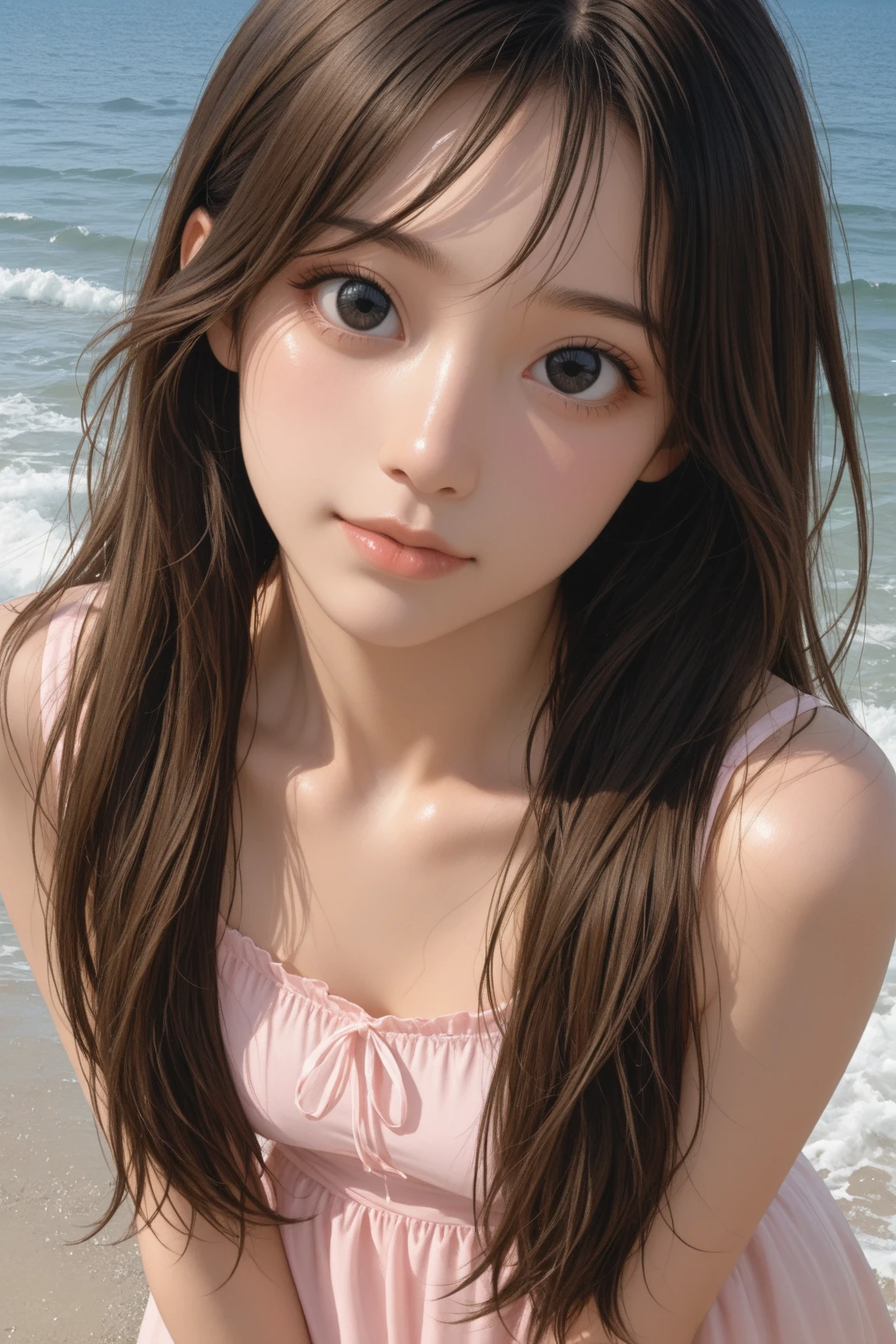 One Girl，(1人のとてもcute女の子:1.3)，masterpiece，Highest quality，High resolution，Photorealistic，RAW Photos，Ray Tracing，beautiful girl，(15 years old:1.3)，cute，Big eyes，(detailed pupils:1.2)，(The face is facing straight ahead:1.3)，Body facing forward，Beautiful nose，Fuller lips，Short black hair，ponytail，short hair，Detailed eyelashes，Thin eyebrows，Very fine grain definition，(Symmetrical eyes:1.3)，(Face close-up，Face Focus:1.0)，Small breasts，White swimsuit，White Bikini，The background is the sea，Southern Island，Portrait，View Viewer，Upper Body，Cinema Lighting，High resolution，Very detailed
