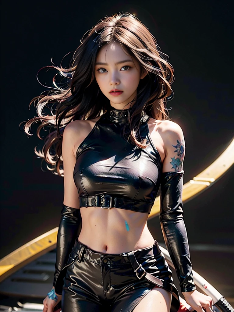 ((masterpiece:1.4)、(Highest quality:1.4)、(Realistic:1.7))、Masterpiece:1.4、(Top-notch rendering:1.4)、(Space Federation 3WA Special Agency Female Officer:1.4)、Super Beautyエージェント、(By Luis Royo:1.4)、Ready your gun?:1.2、(Futuristic sci-fi battle fashion:1.2)、(Street Style Wear)、(Tight Fit Pants)、(Shiny luxury latex:1.4)、(Luxury Red Latex:1.4)、22 years old、(Cute Tattoos:1.4)、(Wearing black gloves)、Cute Girl、Super Beauty、(Seductive pose)、Sharp Focus、Portrait Photography:1.4、8k、Photorealistic images:1.4、(Perfect female body:1.4)、Perfect proportions、(Standing:1.4)、(Upper body shot:1.4)、Beautiful Face、Fearless look、Beautiful Eyes、(A girl with a beautiful body and slender abdominal muscles)、(Narrow waist:1.4)、(9-body proportions beautiful girl:1.4)、(A beautiful girl with long legs and a good figure:1.4)、Beautiful feet:1.2、(Long Hair:1.2)、Heavy makeup、Eyeshadow、Glow Eye、Glow Lip、Beautiful ???????、?????????????:1.2、???? ???、(Standing facing forward:1.4)、Raw photo、Red lips、Red high heels:1.4、choker:1.4、necklace:1.4、Earrings:1.4、1 Screen Display:1.4、Beautiful night view of cyberpunk city:1.2