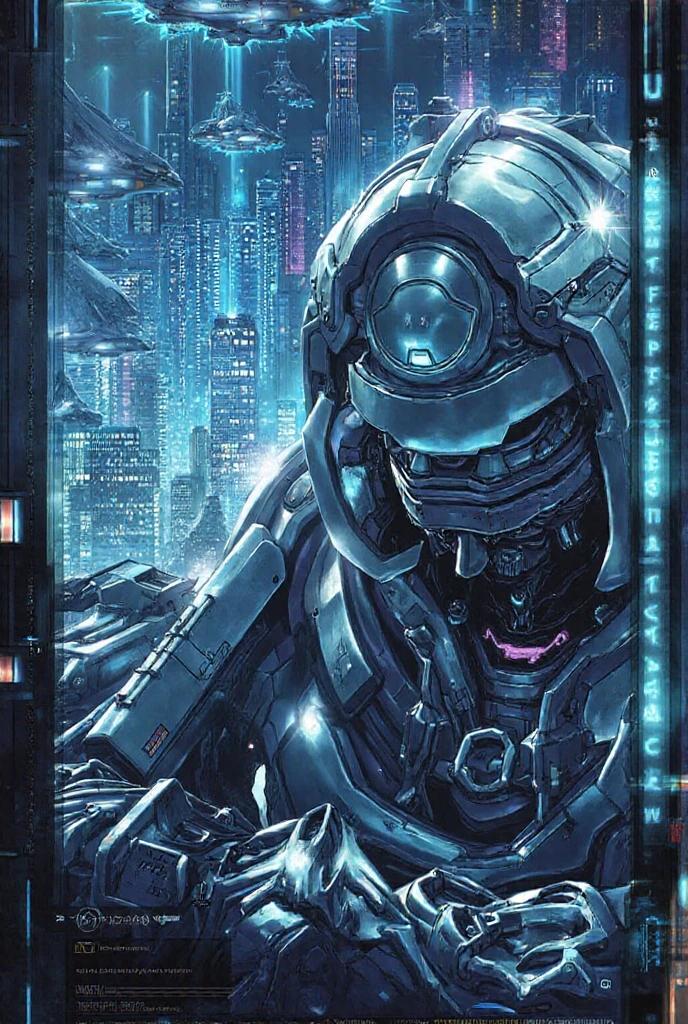 ((Best quality)), ((masterpiece)), (detailed: 1.4), (((cyborg ninja))) in the Simon Bisley style for the cover of Heavy Metal magazine, full body, (((super short black hair))), clean face, light blue carbon fiber clothing with small details in dark blue and white, city background