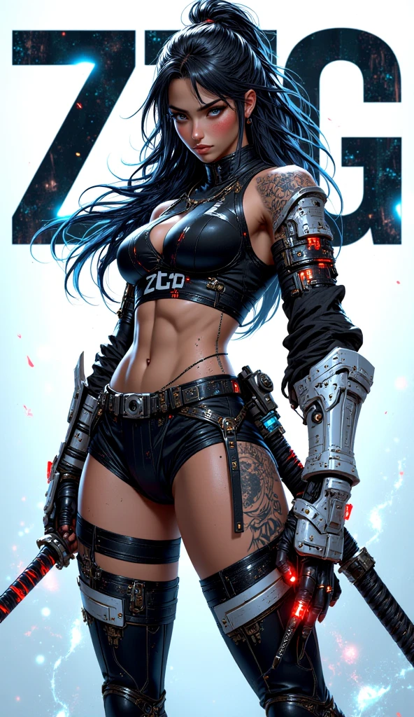 (((woman))), (((best quality))), (((masterpiece))), (((adult))), A muscular 35-year-old warrior woman nearly naked in Simon Bisley's urban savage style for the cover of Heavy Metal magazine, colorful mohawk hair, Minimal clothing, orange and blue carbon fiber armor full of ink-stained spikes and rivets,
