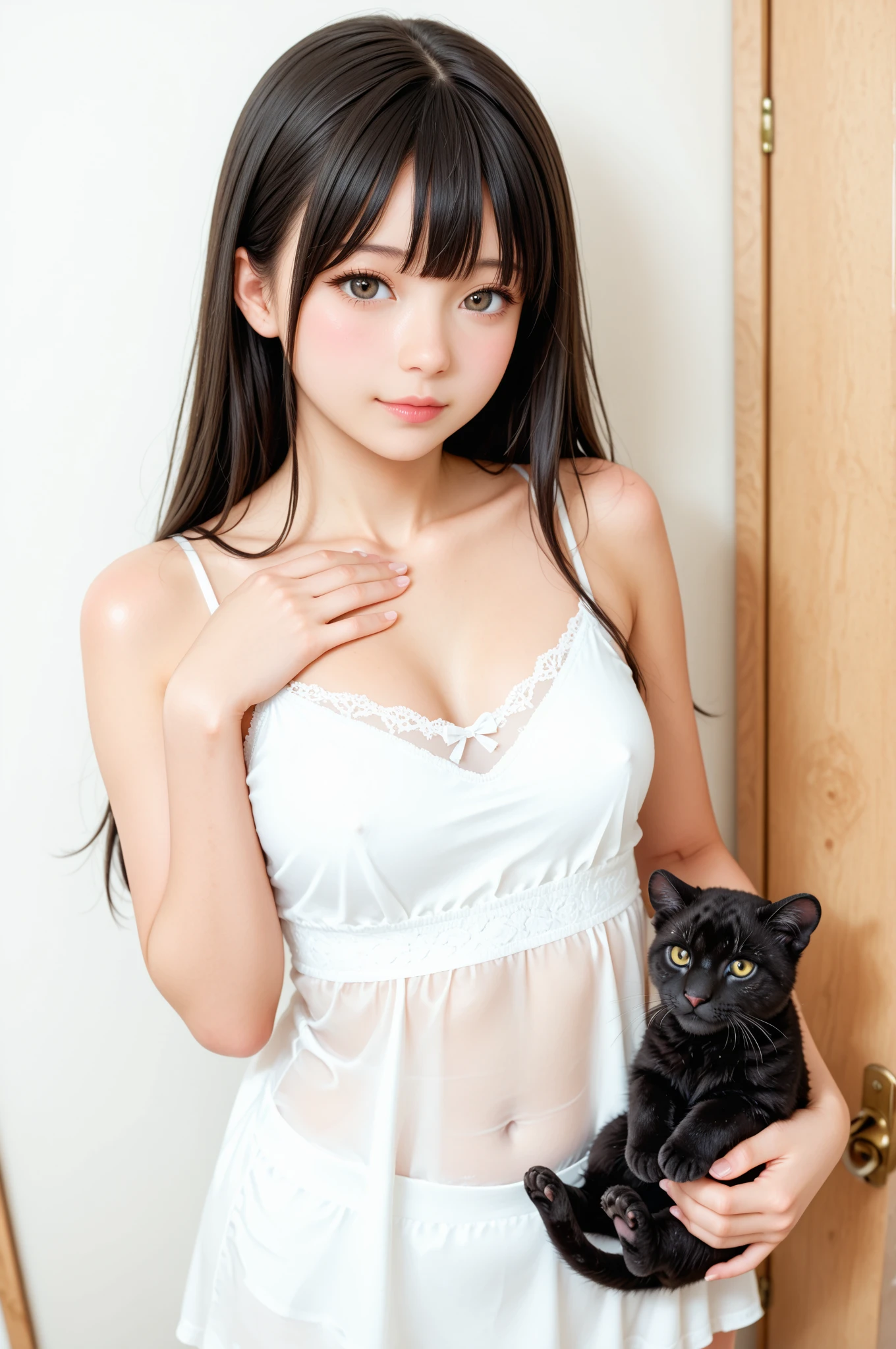 One girl, Only one, (Masterpiece), (Realistic), (Ultra fine), (beautiful), Artistic Space, tatami room background, Professional Lighting, (Highest quality, 128k, masterpiece), とてもbeautiful面長顔, Japanese Model, Big Breasts, clavicle, Ultra HD, (Photorealistic:1.1), RAW Photo, Natural landscape, Very big breasts and big eyes, Black brown hair, seat, seat全身, Smile, Full body photo, Machikan the Cat, Three-haired cat handle, Swimwear