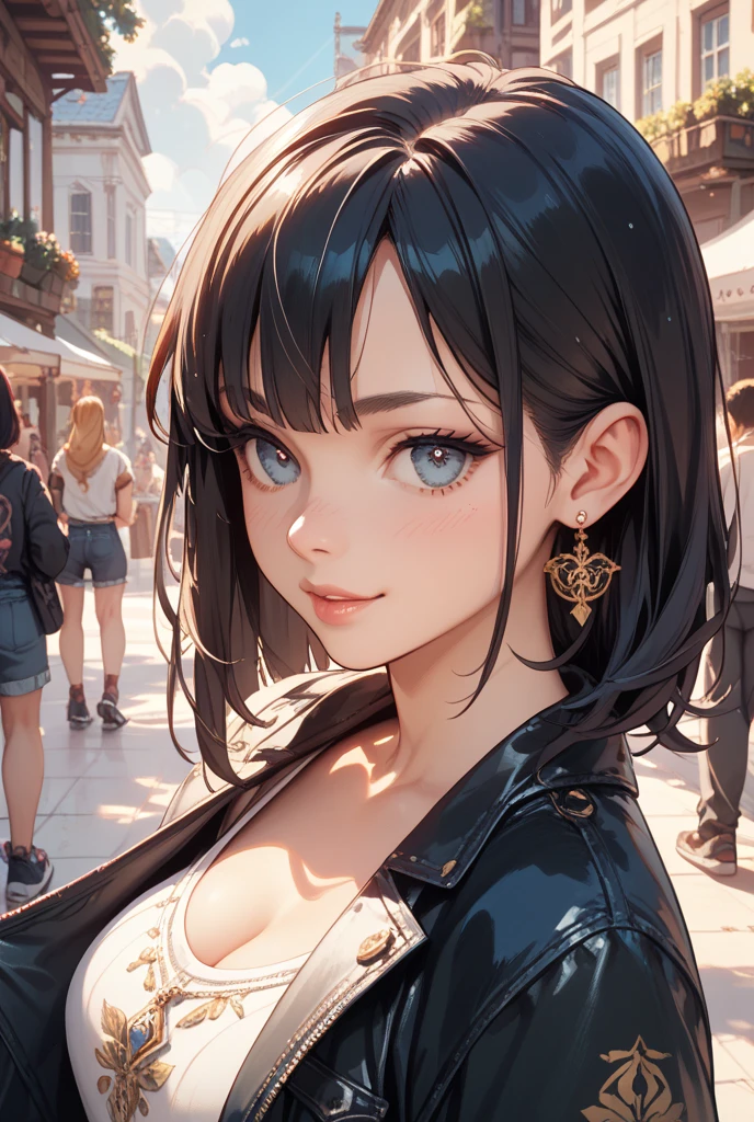 (Random Location), (Movie-like scene,Best image quality,(8k), Ultra-realistic, 最high quality, high quality, High resolution, high quality texture, Attention to detail, beautiful, detailed, Extremely detailed CG, Detailed texture, Realistic facial expressions, masterpiece, in front, dynamic, bold), ((round face:1.4)), (bangs:1.3), (Casual Fashion)