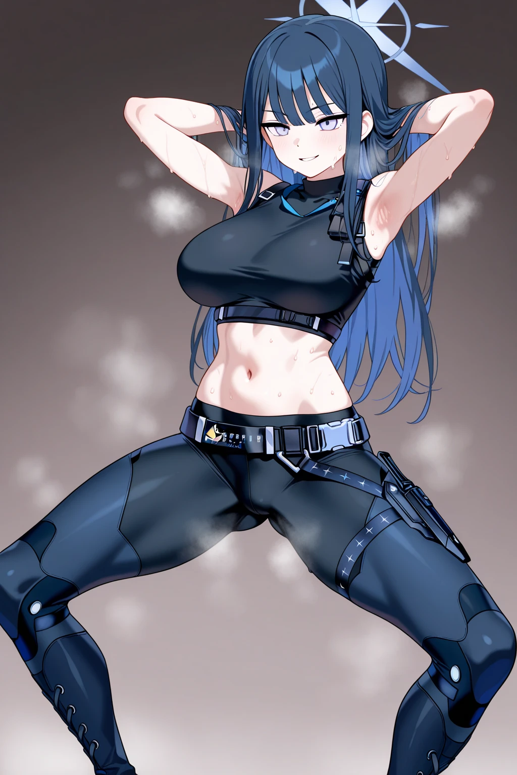 sentouinsnow, blue hair, long hair, blue eyes, large breasts, ahoge, anime girl with black outfit posing in front of a lightning, character from king of fighters, female protagonist 👀 :8, badass pose, badass anime 8 k, motoko kusanagi, detailed fanart, highly detailed exquisite fanart, thicc, commission for high res, anime moe artstyle, ilya kuvshinov. 4 k, anime style characterm, hollow eyes, facing viewer, lips, aqua eyes, expressionless