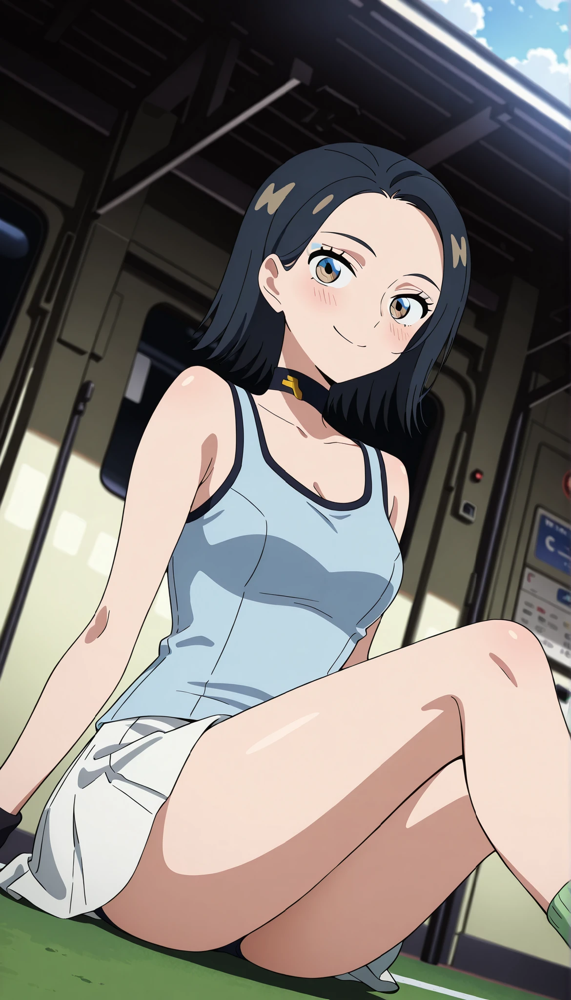 Comoli Harcourt,dark haired,short hair,white skirt,light blue tank top,thighs,(((low angle))),tennis court,Ulchan -6500-v1.1, (RAW pictures:1.2), BEAUTIFUL DETAILS, Very Detailedな目 美しい目,beautiful eyes,brown eyes, file size is large, high resolution, Very Detailed, Highest Quality, [masterpiece:1.6], Awareness-raising, Very Detailed, CG, fine, Highest Quality, 8K Wallpaper, Perfect Body,Very Detailed,Blush,smiling,sitting on the ground at the train station