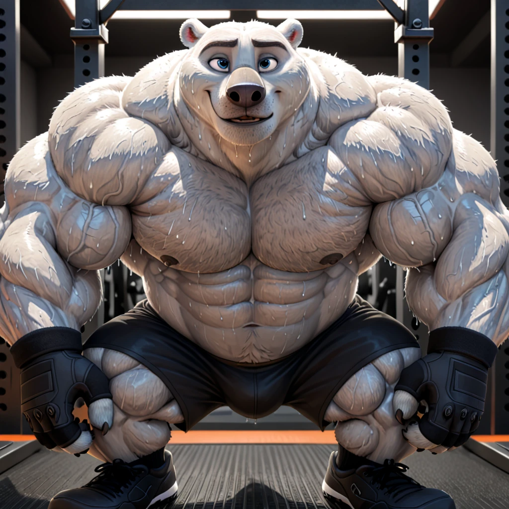 solo, 1boy, Huge Muscular White Polar Bear, huge white fur, pectoral, huge pectoral, wide pectoral, short white hair, ((really big muscle, massive muscular, sixpack, huge fluffy white fur, thick arms, wide pectoral, super huge muscle, hyper muscular, over sized muscle, huge arms, big arms, huge pectoral)), black gym shorts, black wristbands, fingerless gloves and shirtless and topless, white bearded, white Mustache, white fur, grey eyebrows, gym fitness center background, masterpiece, high detailed, 8k, high resolution, at the gym, flexes huge thorax, looking at the viewer, acting all hunk
