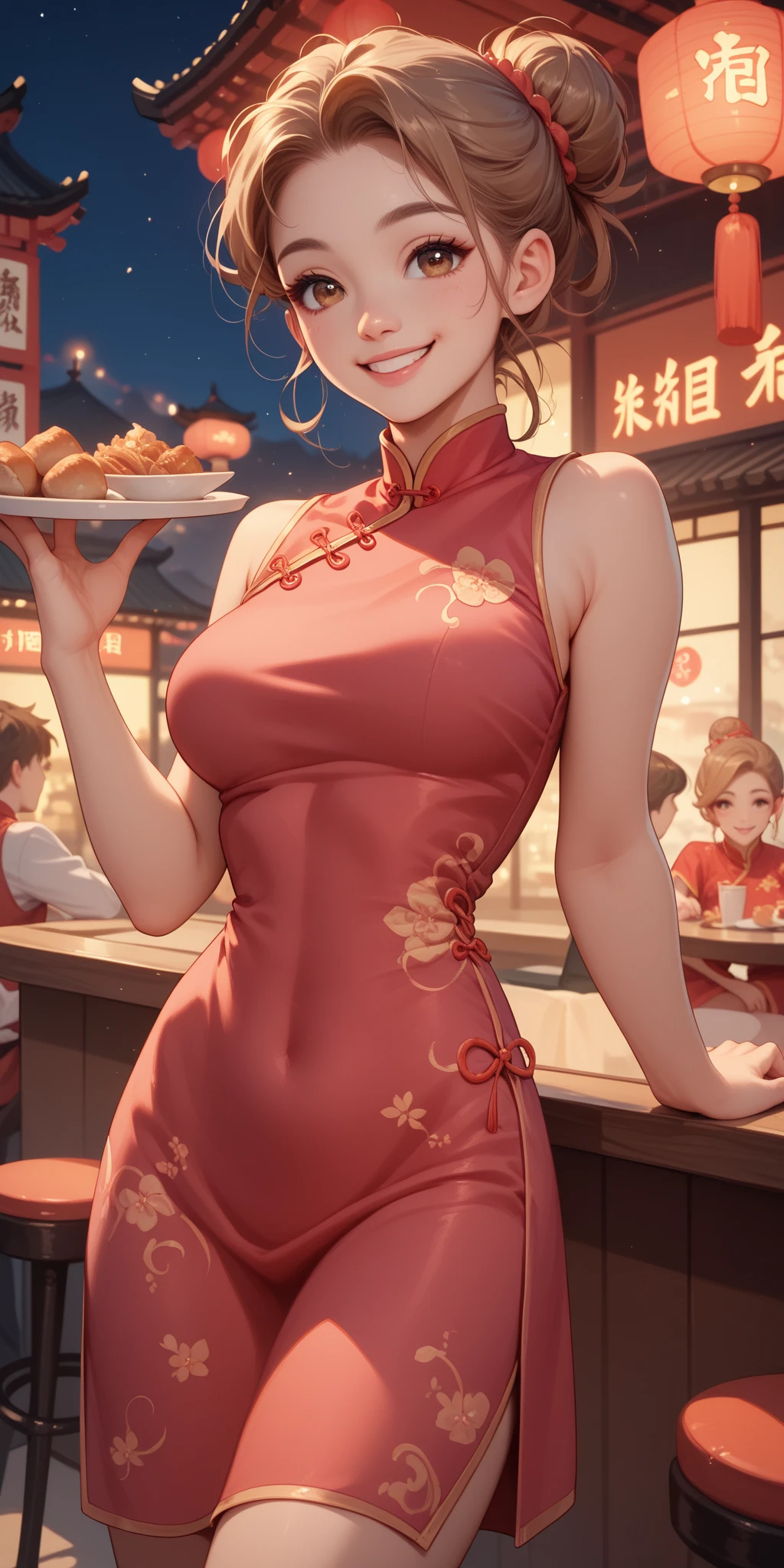 score_9, score_8_superior, score_7_superior,indoor, public,
One girl, China dress, Holding Tray,Big Breasts