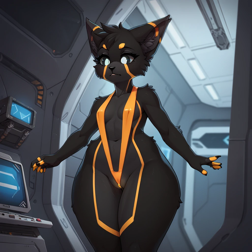 by kenket, Ross Tran, zaush, foxovh, by teranen, by fumiko, by Pixelsketcher, by Einshelm, (by Hioshiru), by fluff-kevlar, by Ajin, (sergal), ((anthro)), 8k, 4k, 2k, detailed, intricate, (female), ((solo)), ((detailed fur)), (masterpiece), best quality, NSFW, (photo-realistic), sci-fi, sergal, female, full length portrait, exposed chest, wide hips, thick thighs, skinny, tall, long tail, long legs, long snout, sergal feet, blushing, ??????, vulva, exposed ??????, (black fur), ((black chest fur)), ((black belly fur)), ((no breasts)), ((flat chested)), 3d render, standing, feet together, starship cabin