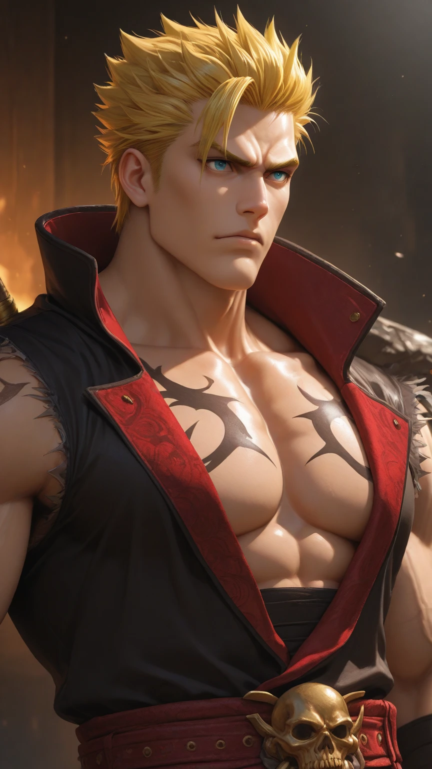 White Hair Vampire Red Eyes Brutal Man Hero with a Sword Explosive Nuclear Explosion Courage Challenge Strength Danger Fire Red Eyes Velvet Metal Skin Dragon Tattoo Ruby Pendant Sex Naked Torso