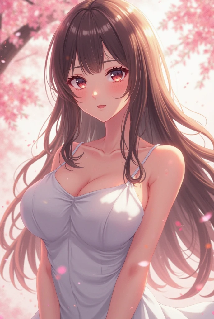 anime、1 female、bottom angle、whole body、long brown hair、curly hair、red eyes、thick lips、well-groomed face、naked、I can see the nipples、beautiful breasts、I can see pubic hair、cherry blossoms、cherry blossoms吹雪、countryside street、Paddy field、sunlight、masterpiece、ultra high resolution、delicate、16k、perfect lighting